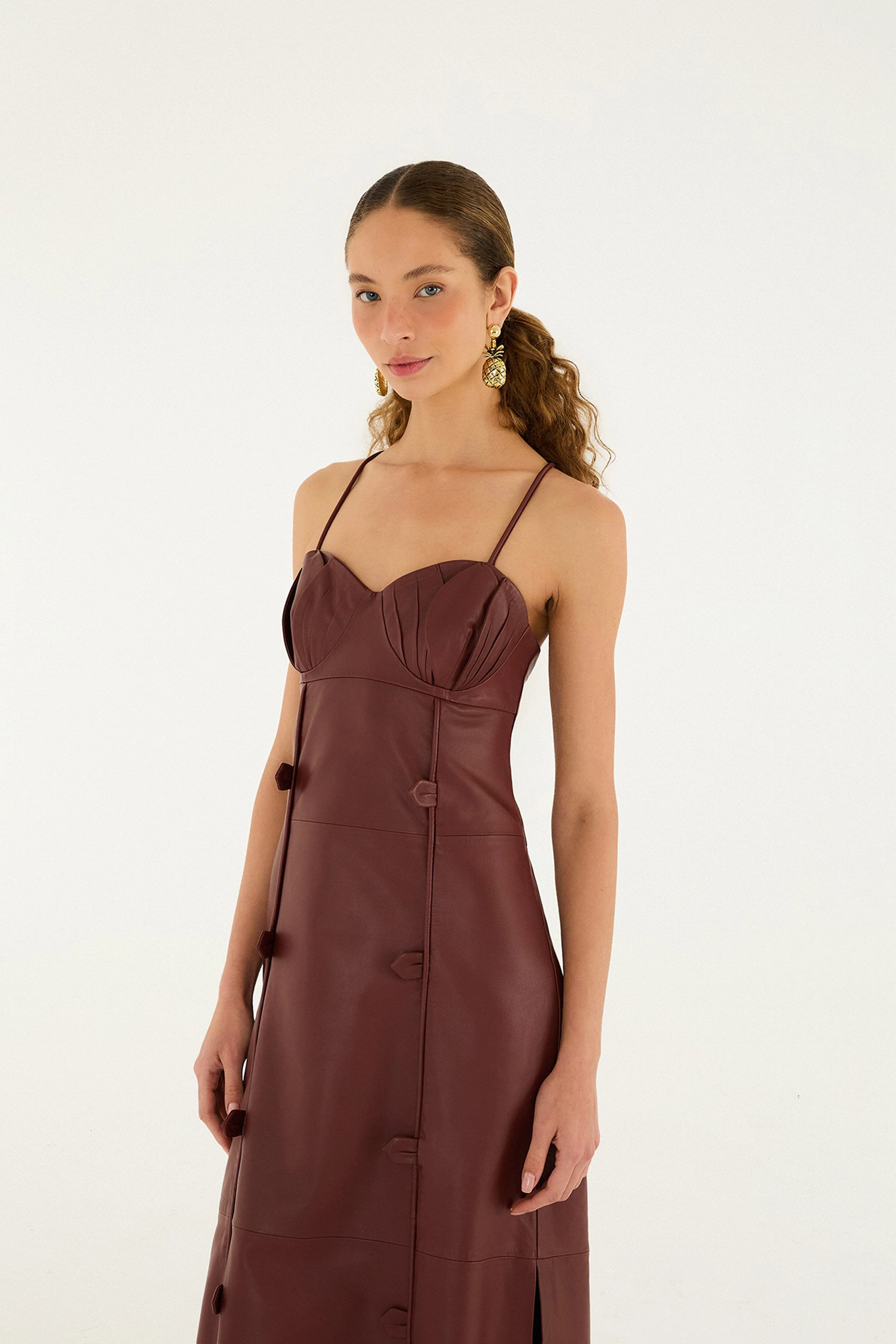 Burgundy 3d Flower Side Slit Leather Midi Dress - Image 4