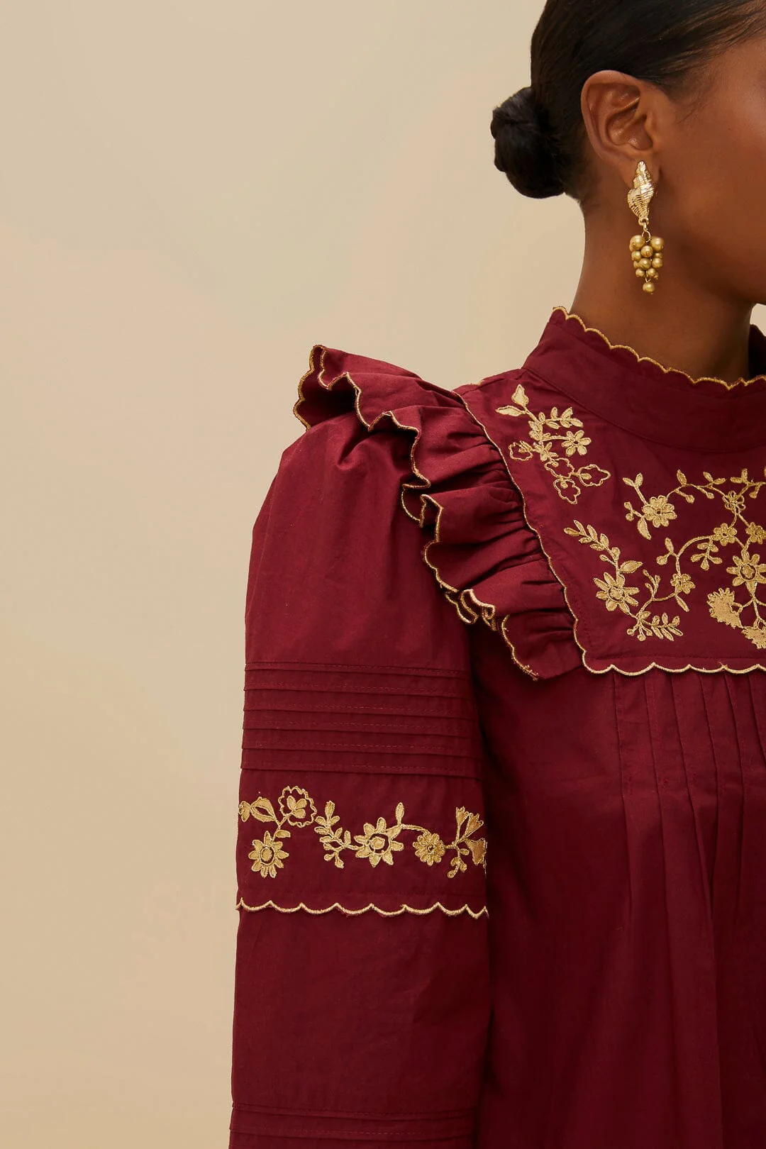 Burgundy Golden Embroidered Organic Cotton Blouse - Image 3
