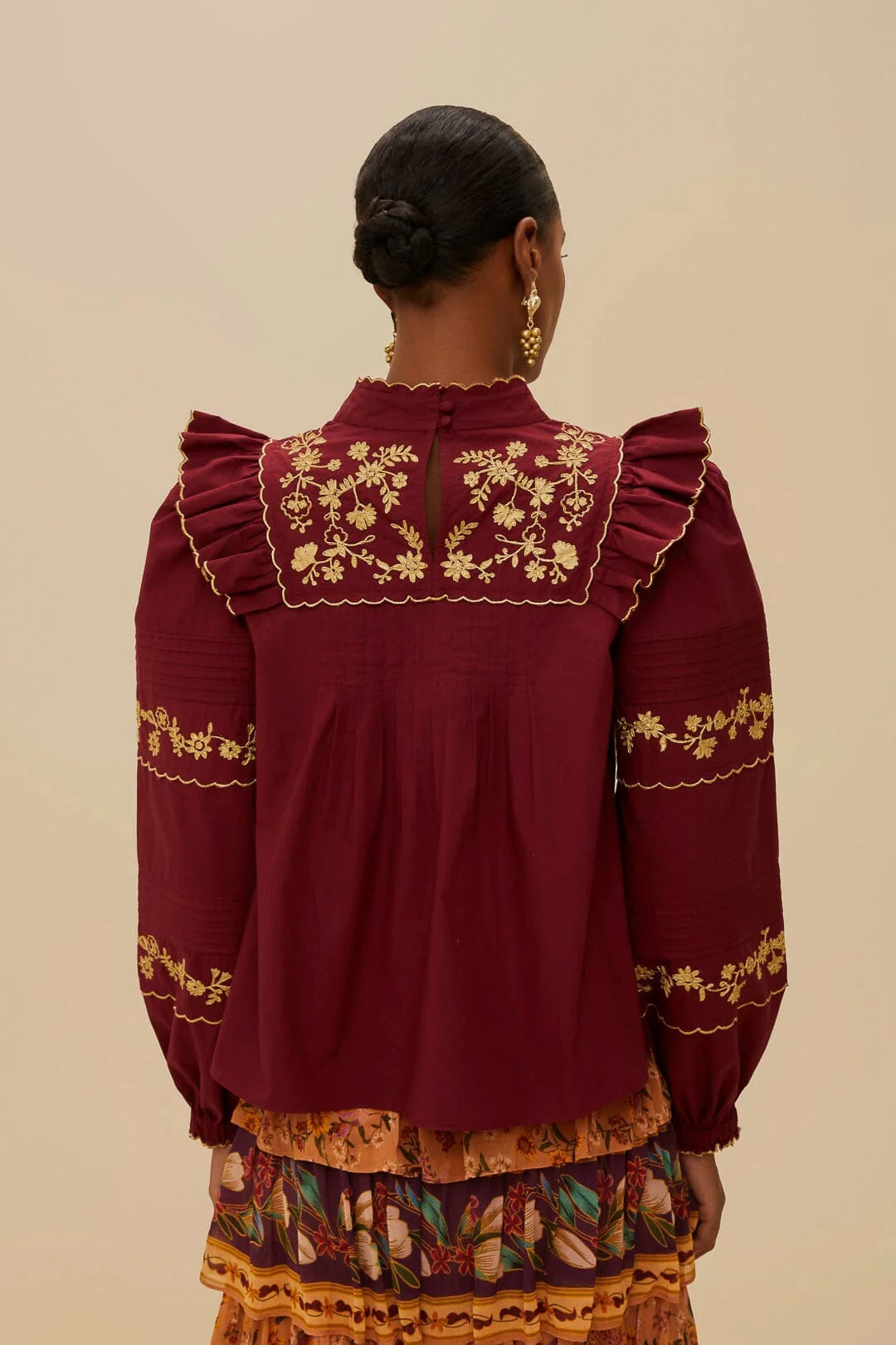 Burgundy Golden Embroidered Organic Cotton Blouse - Image 4