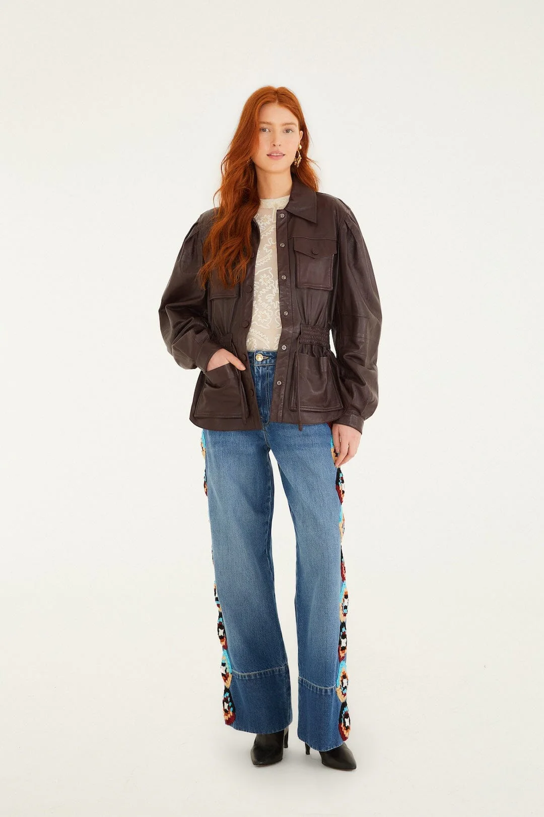 Burgundy Drawstring Pockets Leather Parka - Image 4