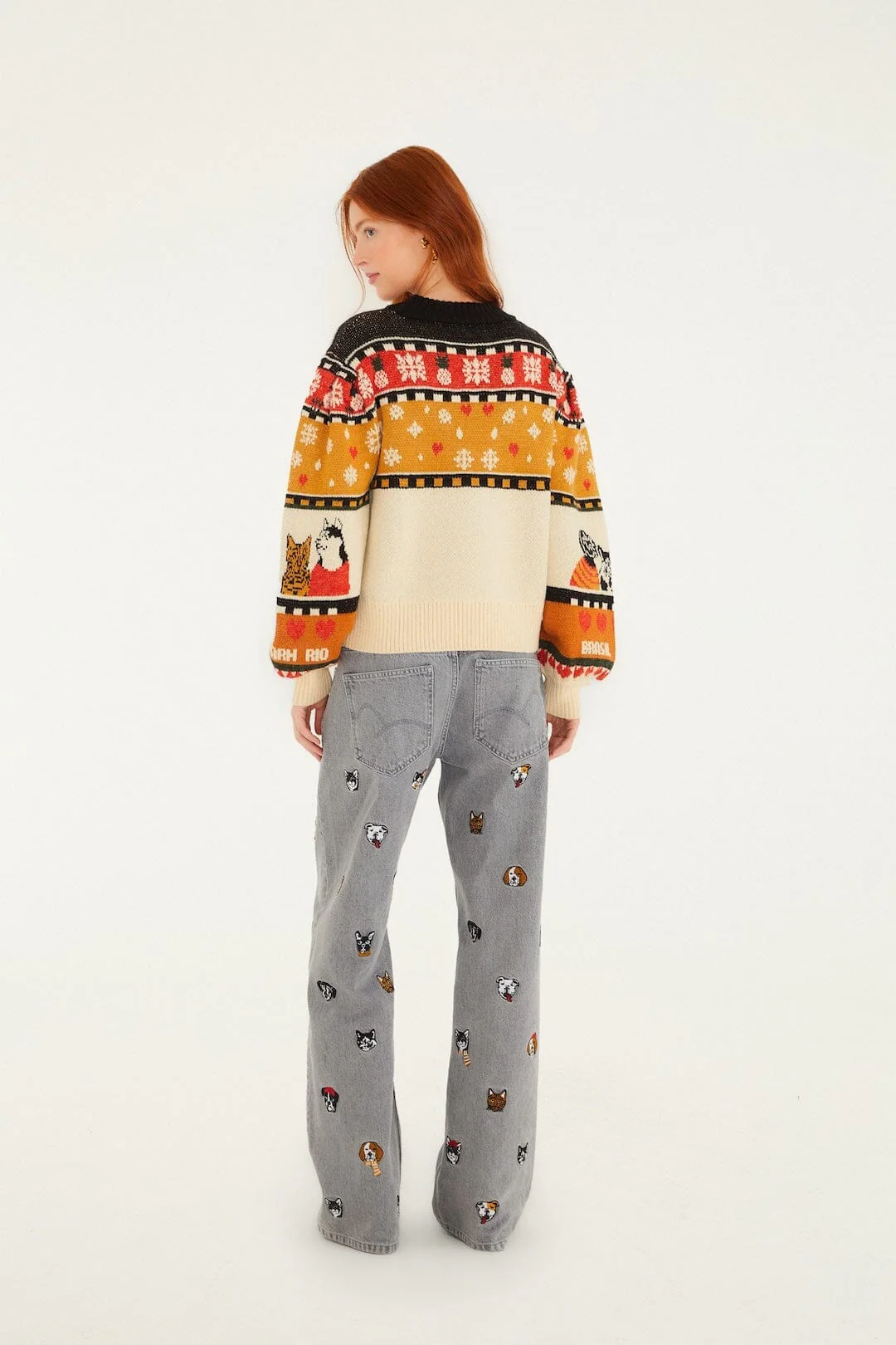 Multicolor Cats And Dogs Embroidery Denim Pants - Image 3