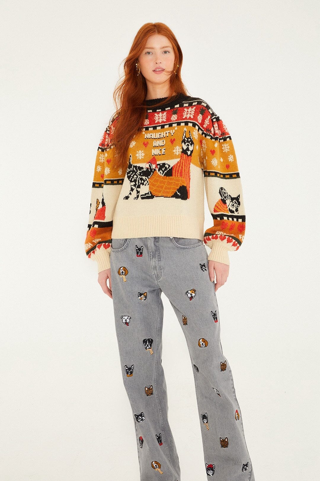 Multicolor Cats And Dogs Embroidery Denim Pants - Image 4