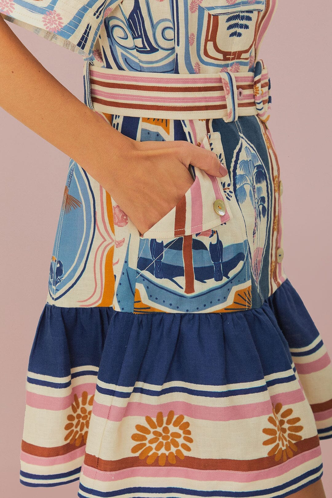 Cream Cerrado Stamps Short Sleeve Mini Dress - Image 4