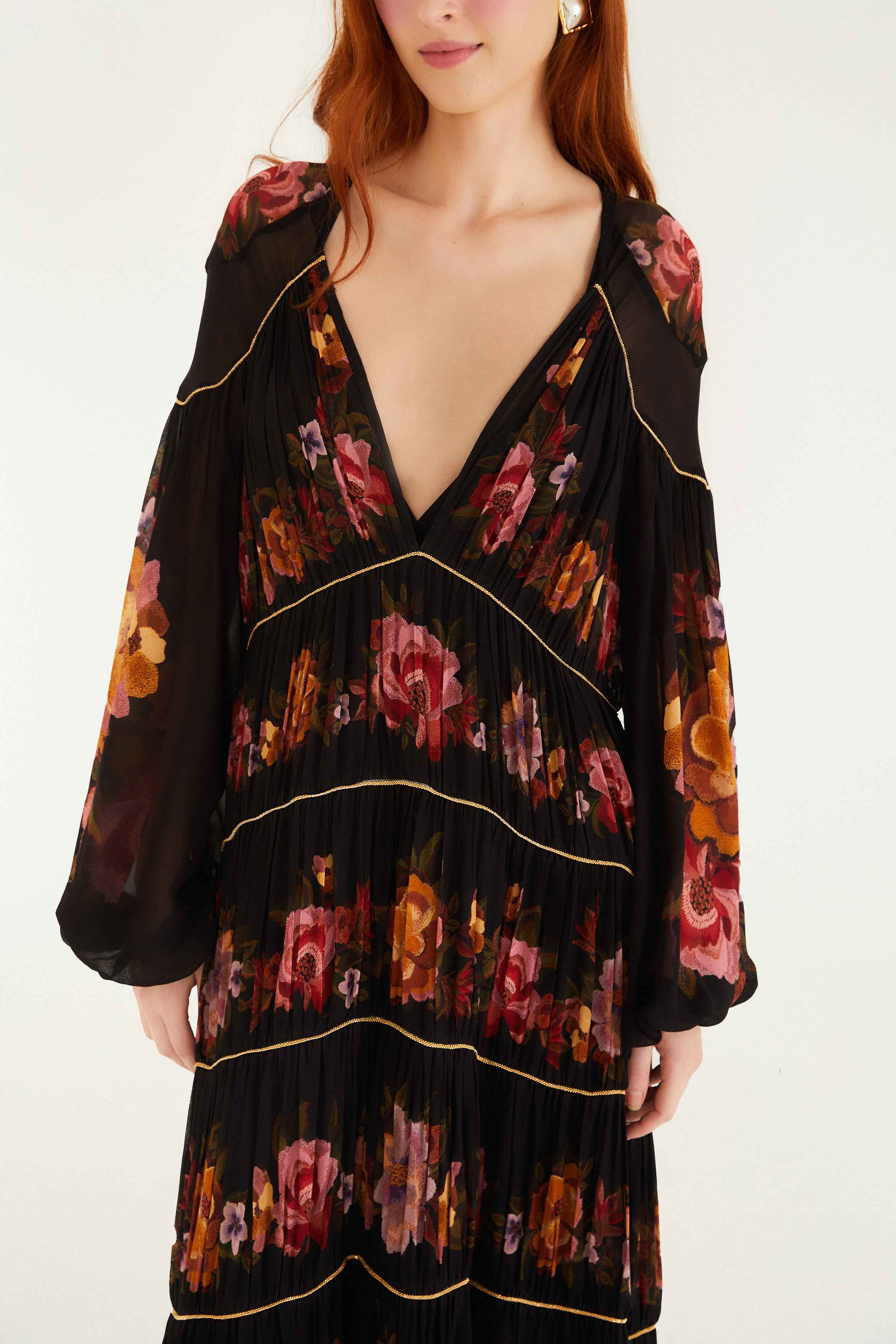 Black Chenille Flowers Long Sleeve Midi Dress - Image 2