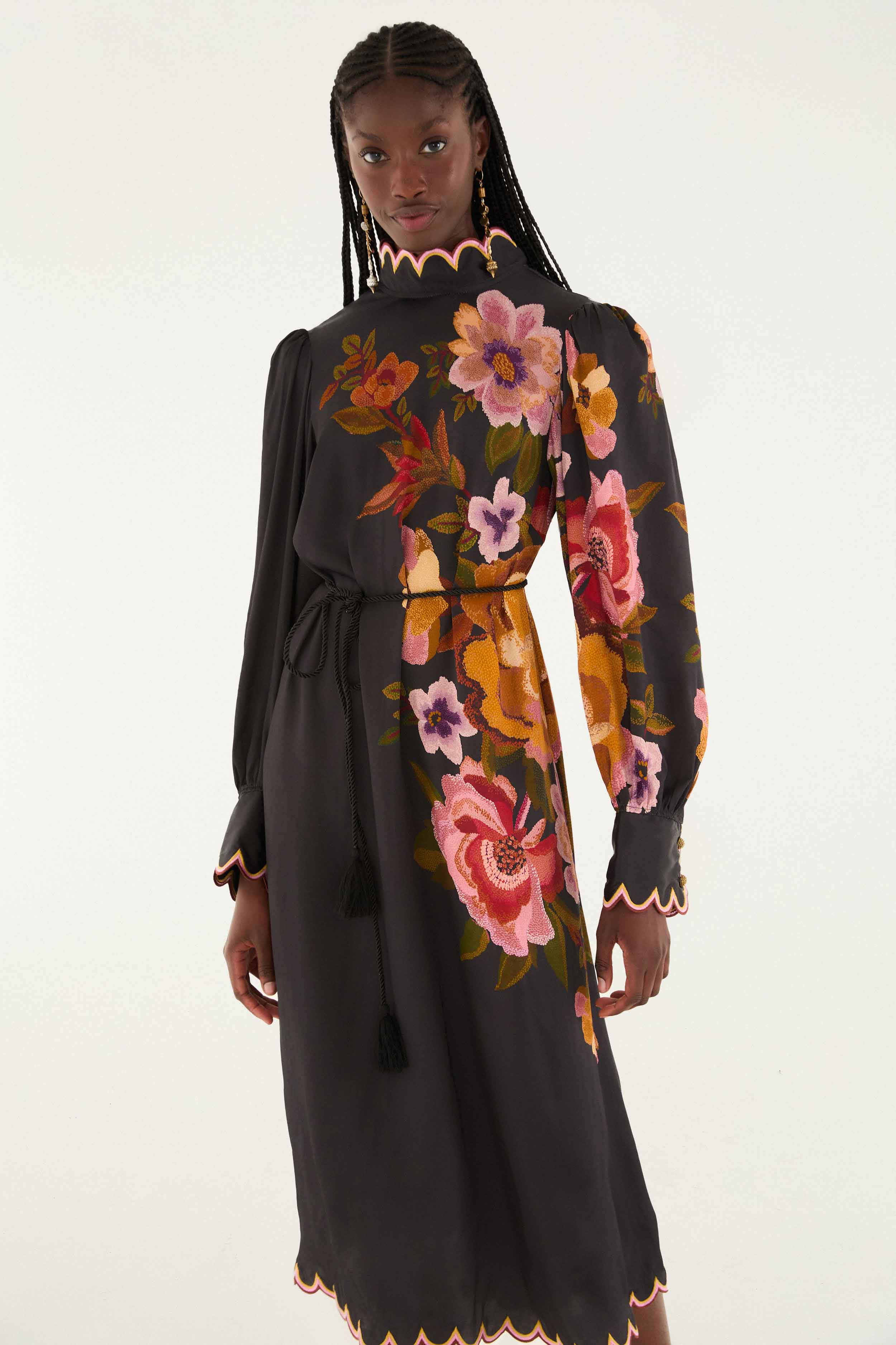 Black Chenille Flowers Lenzing™ Ecovero™ Viscose Midi Dress - Image 2