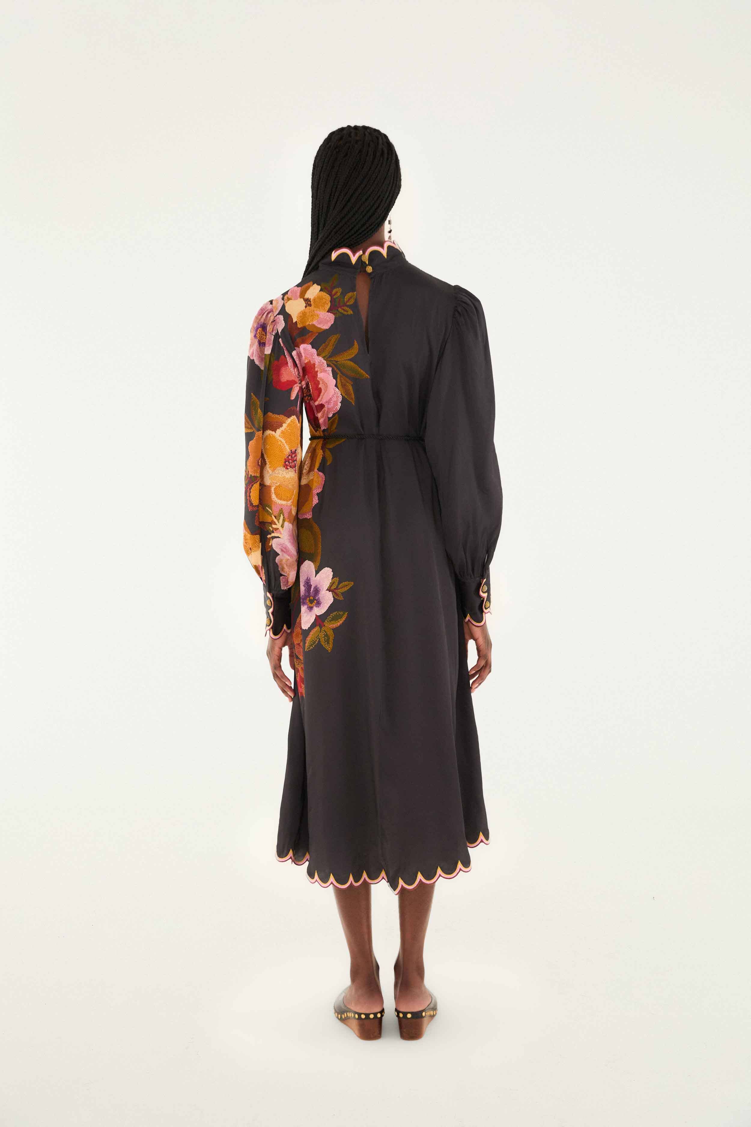 Black Chenille Flowers Lenzing™ Ecovero™ Viscose Midi Dress - Image 3