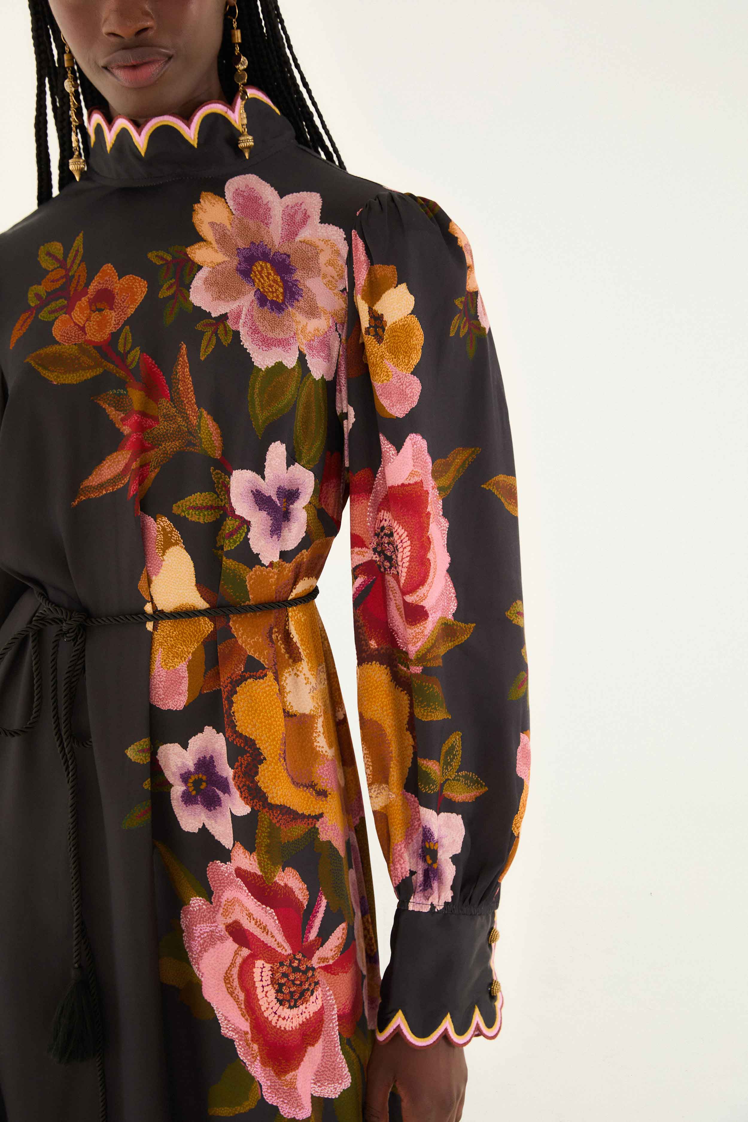 Black Chenille Flowers Lenzing™ Ecovero™ Viscose Midi Dress - Image 4