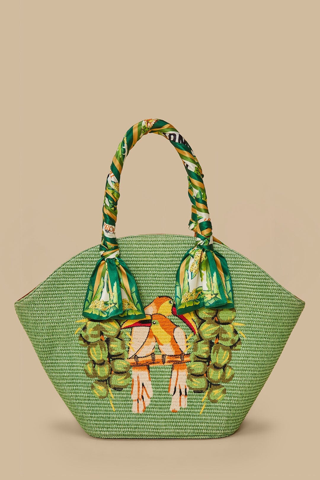Green Coconut Toucan Raffia Shell Tote