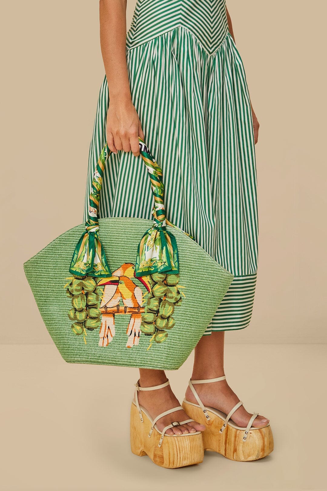 Green Coconut Toucan Raffia Shell Tote - Image 6