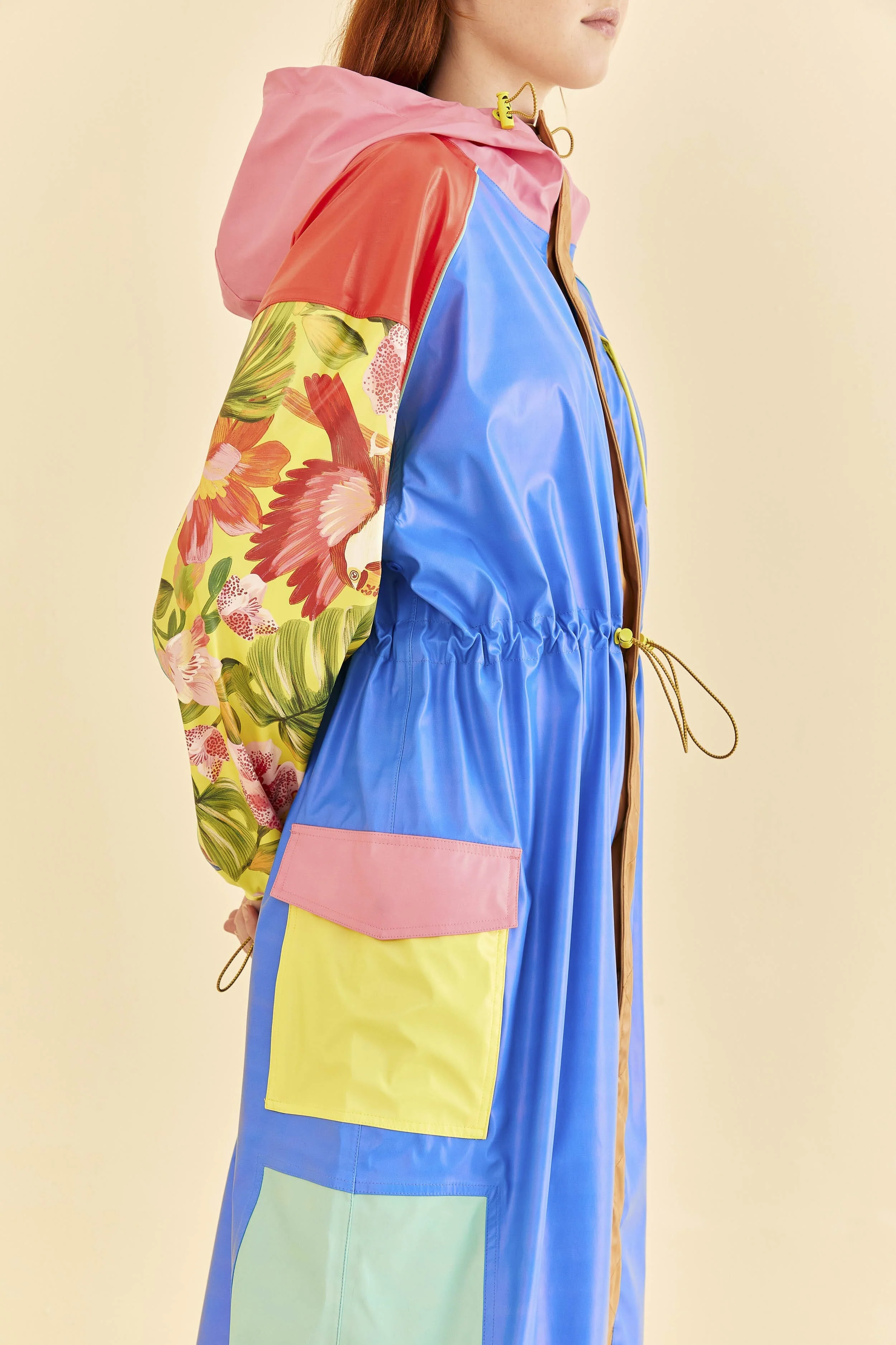 Blue Color Blocking Long Raincoat - Image 3