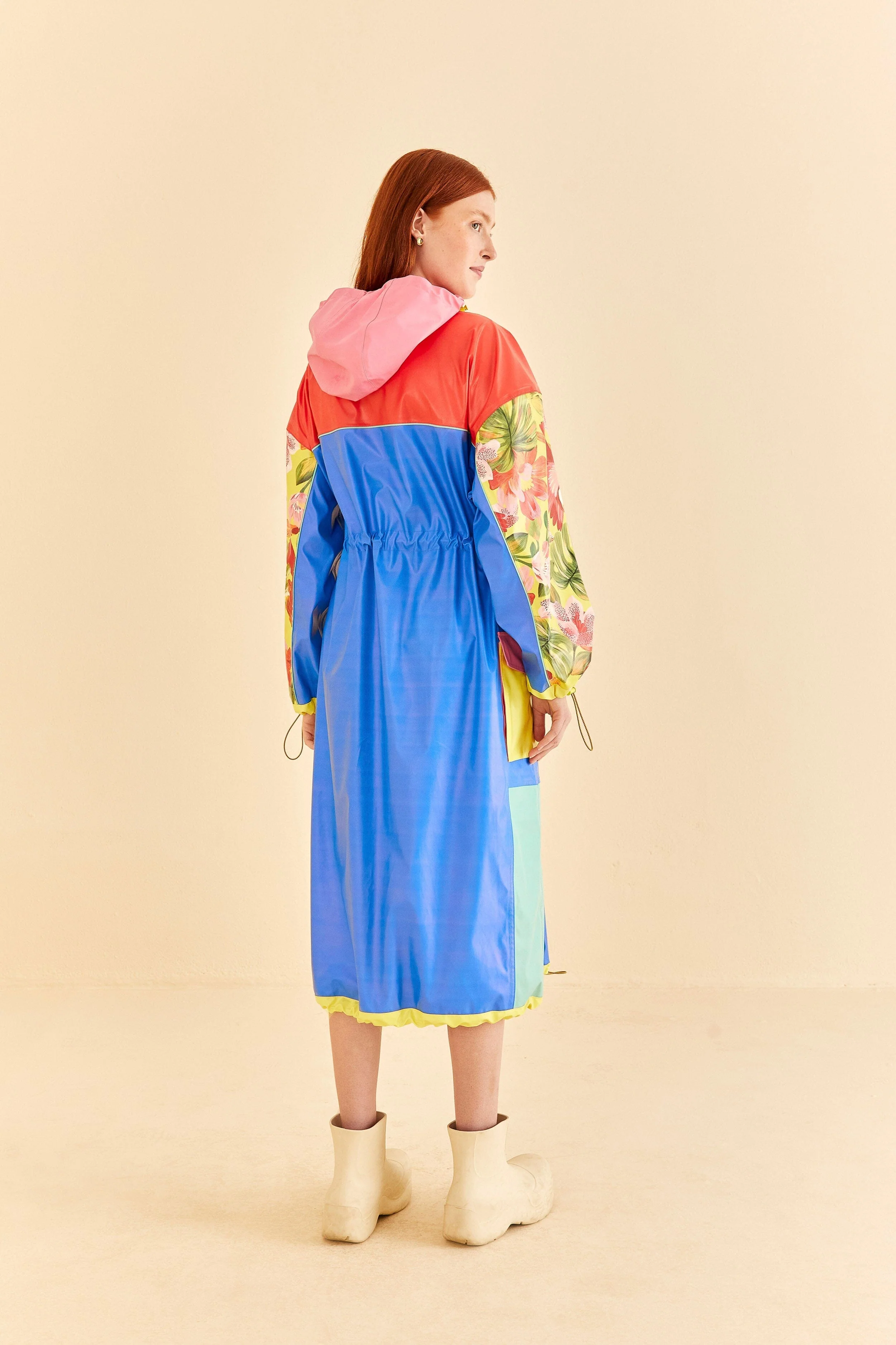 Blue Color Blocking Long Raincoat - Image 5
