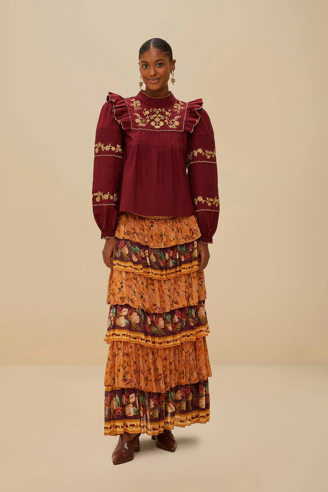 Colorful Birds Camel Ruffles Midi Skirt