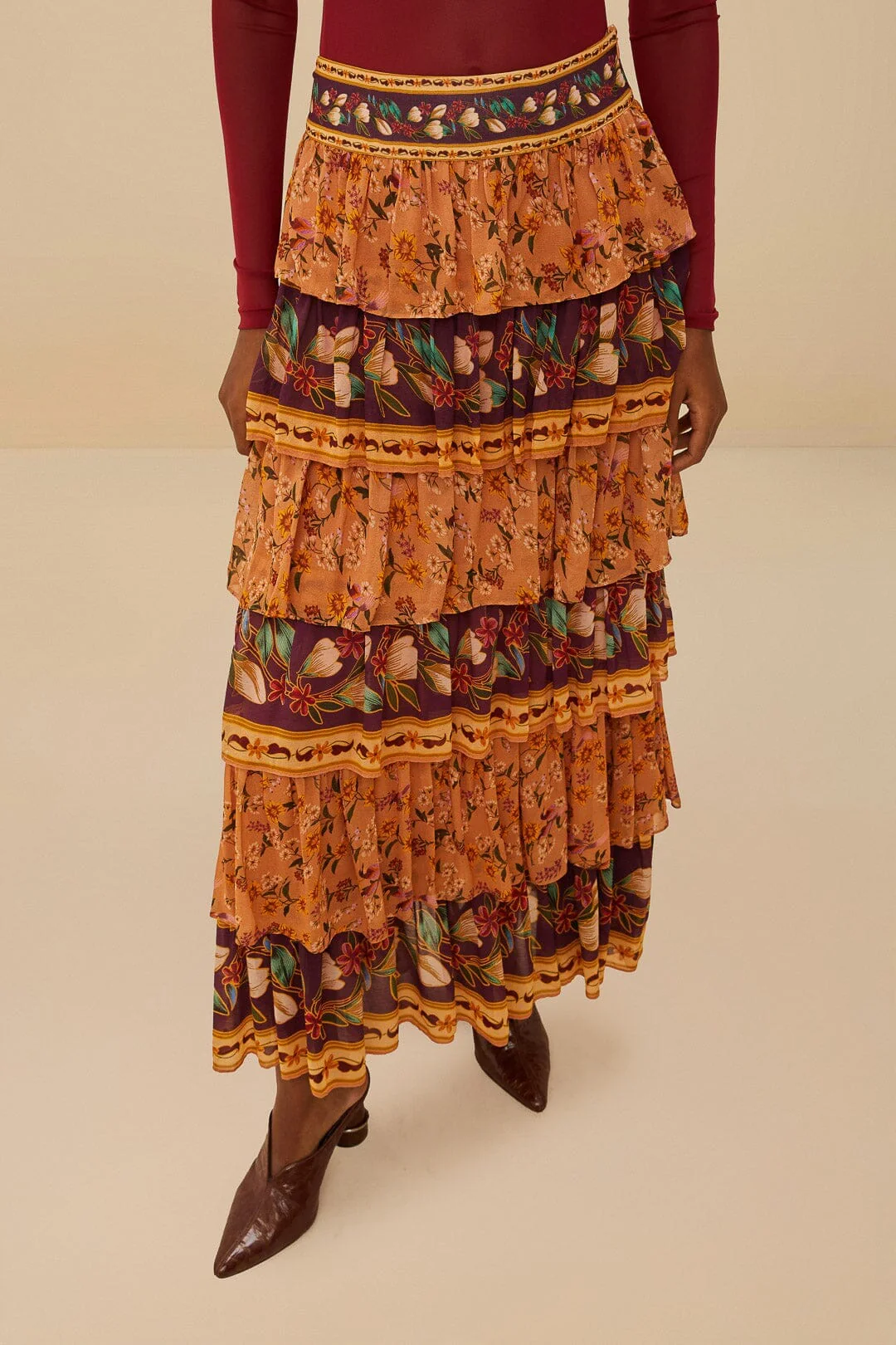 Colorful Birds Camel Ruffles Midi Skirt - Image 2