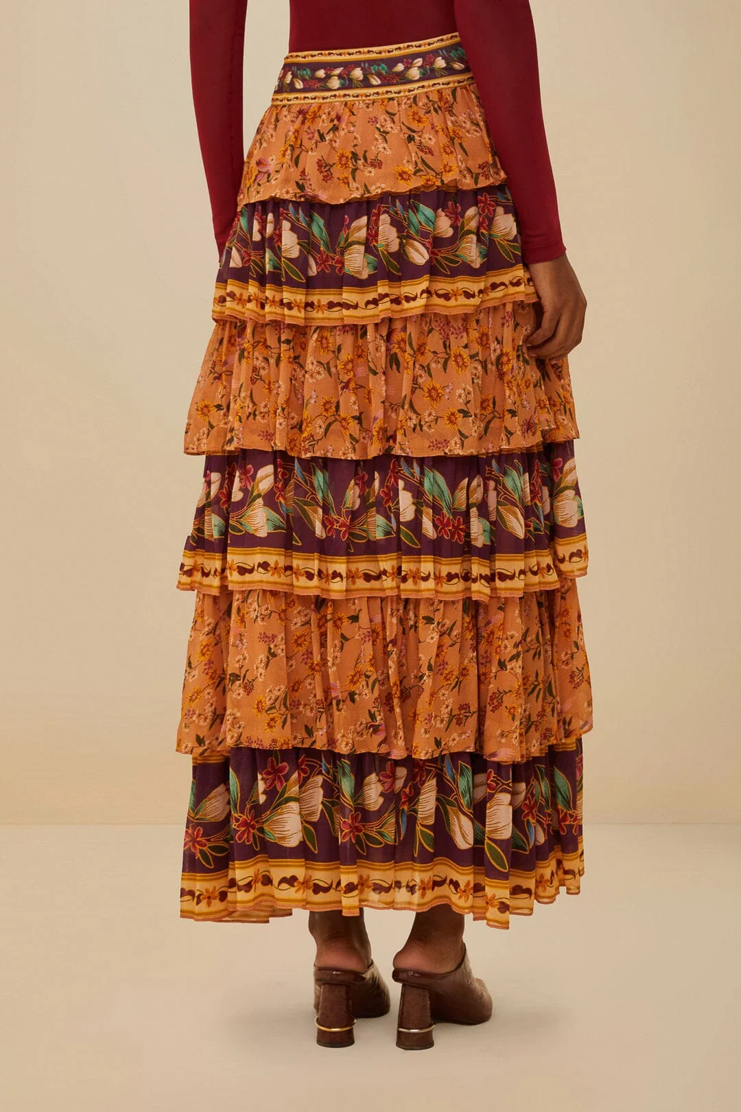 Colorful Birds Camel Ruffles Midi Skirt - Image 3