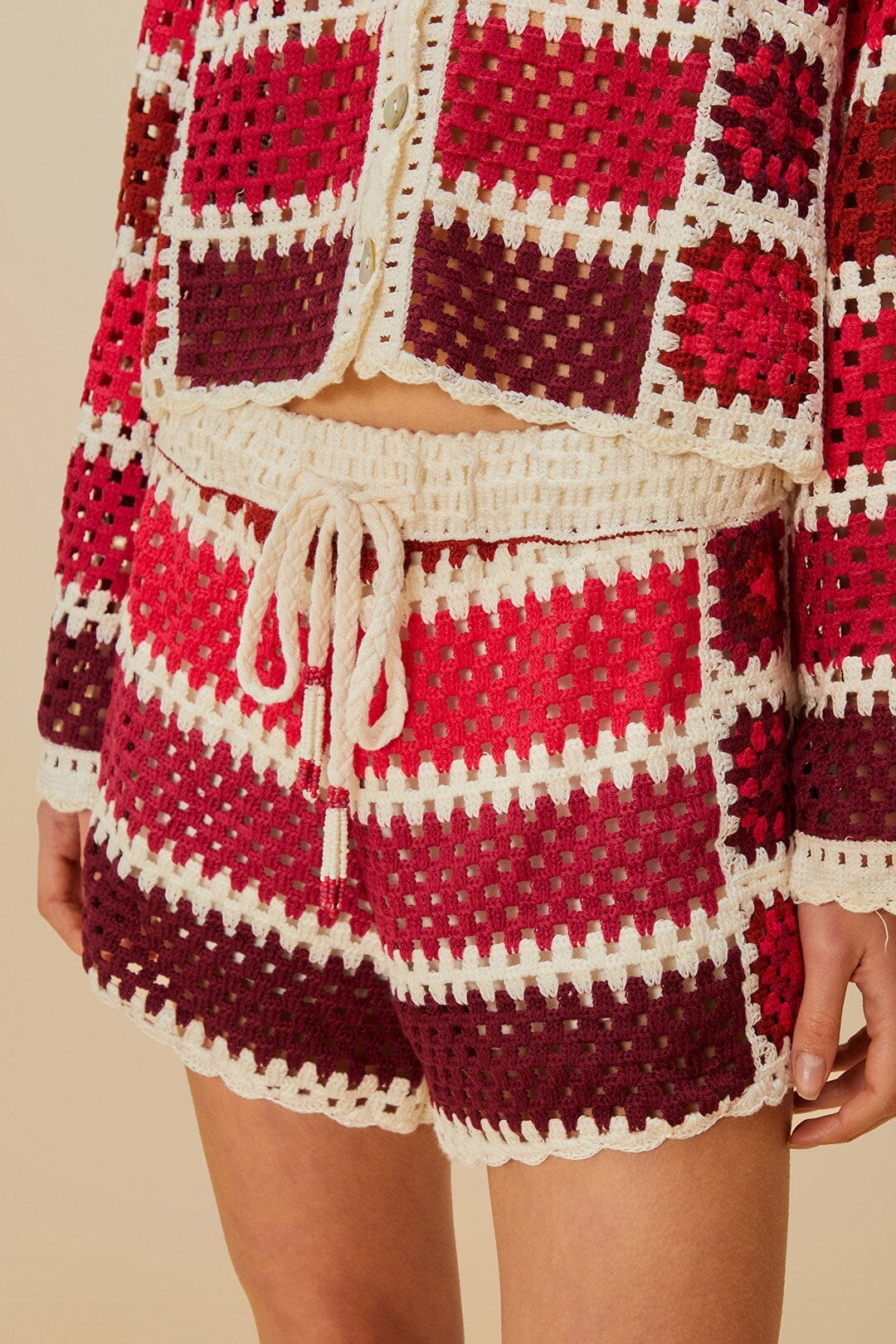 Red Colorful Crochet Tiles Shorts - Image 2