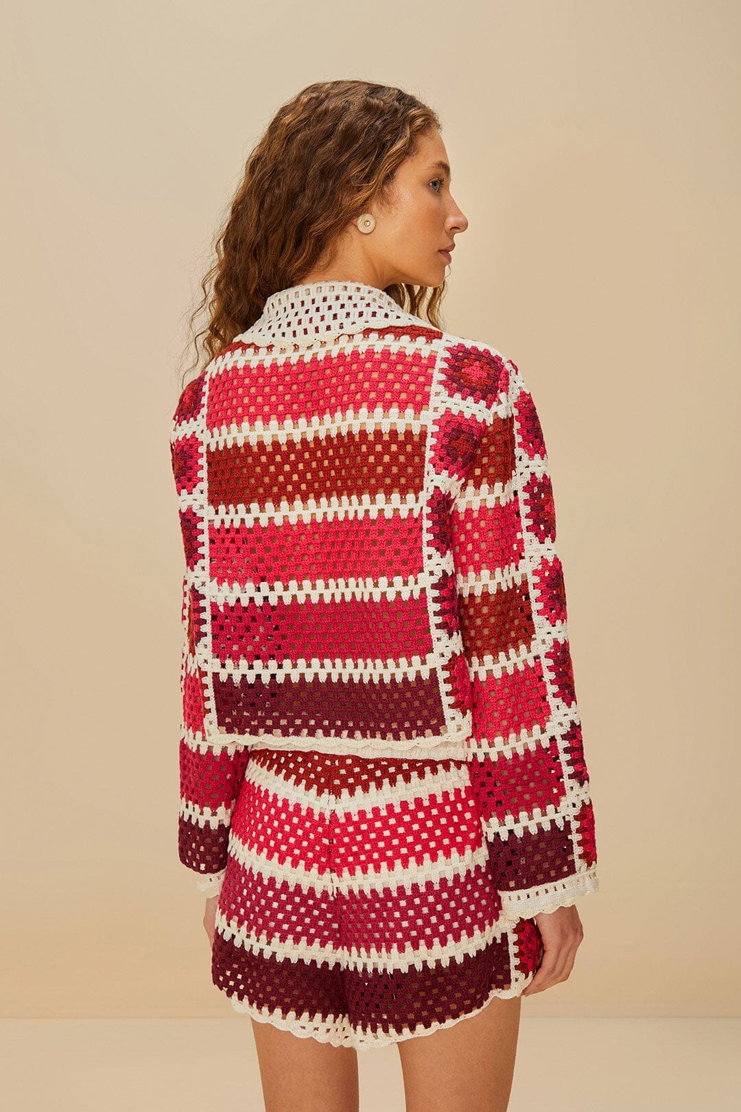 Red Colorful Crochet Tiles Shorts - Image 3