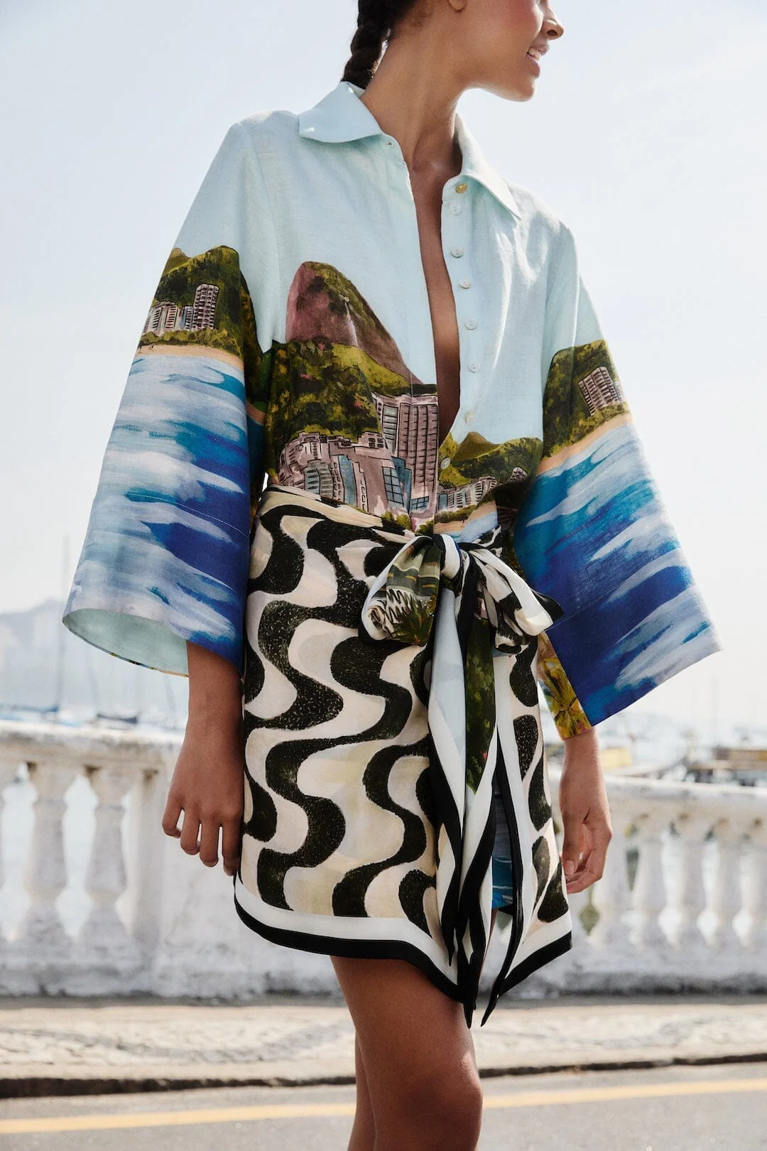 Multicolor Copacabana Beach Euroflax Premium Linen Long Sleeve Kimono