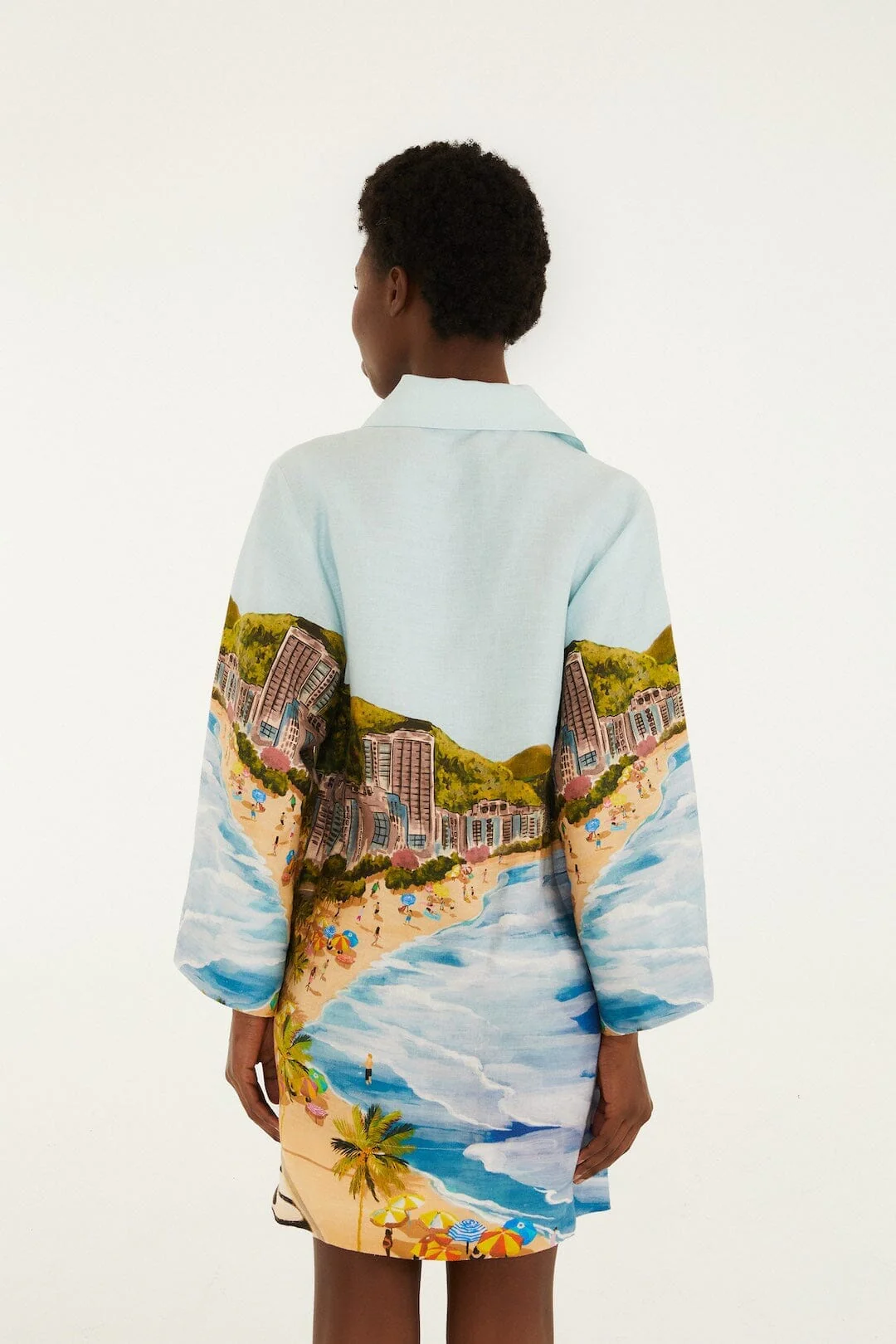Multicolor Copacabana Beach Euroflax Premium Linen Long Sleeve Kimono - Image 3