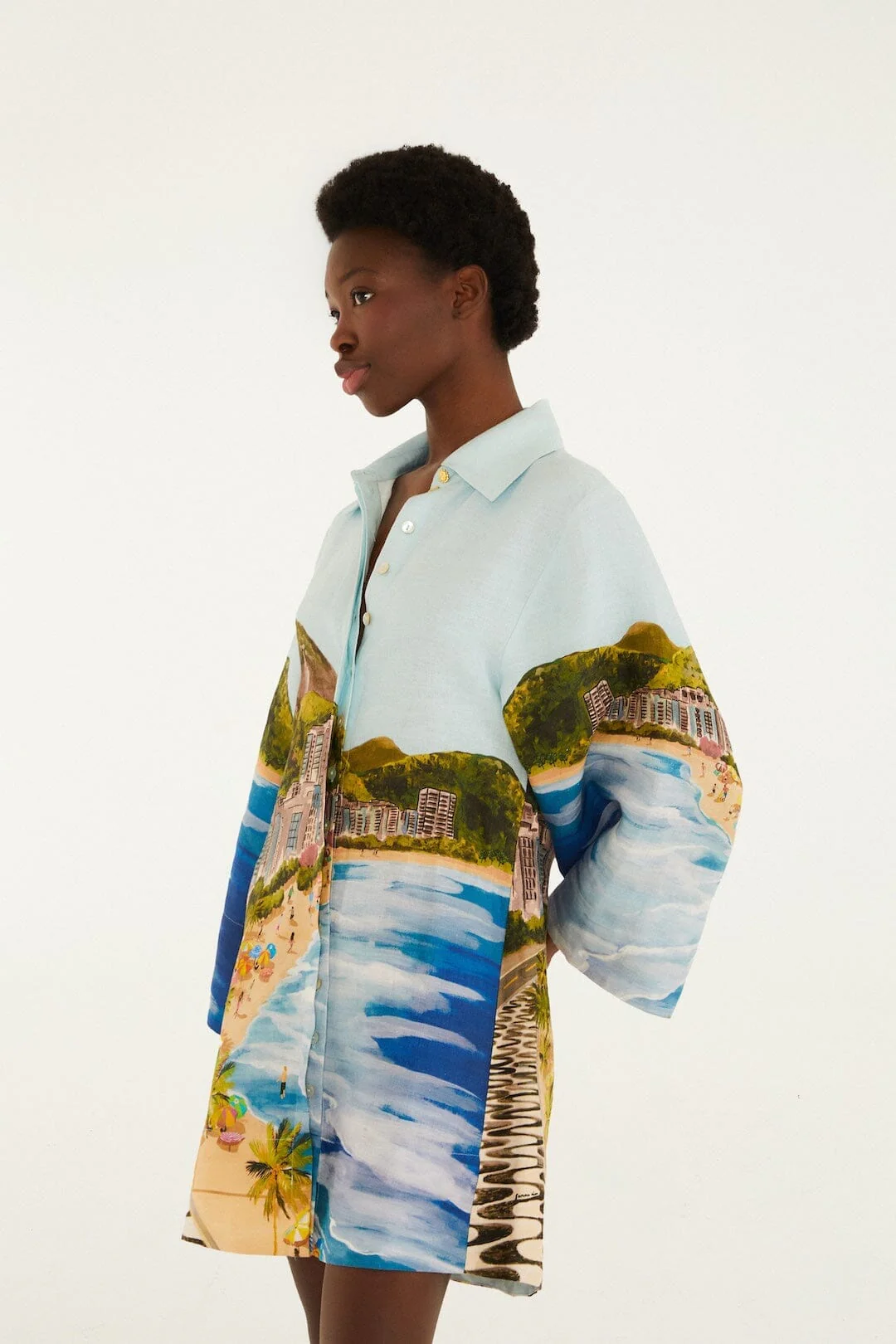 Multicolor Copacabana Beach Euroflax Premium Linen Long Sleeve Kimono - Image 5