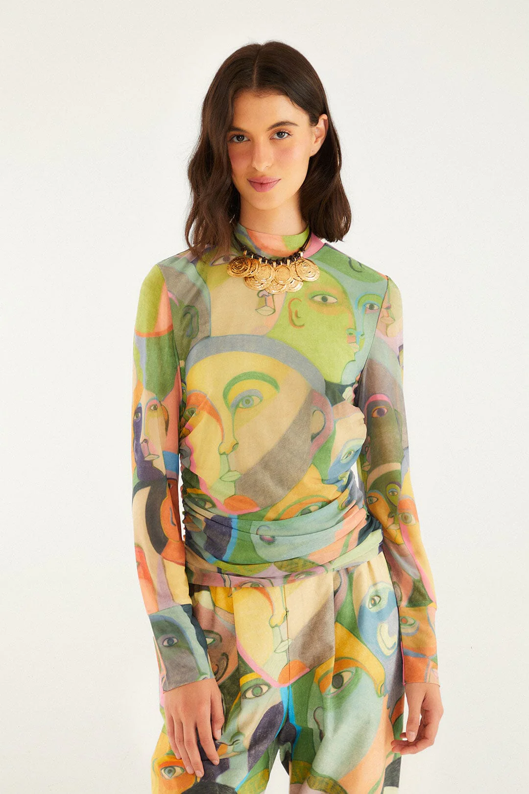 Crowded Series Drawing Long Sleeve Tulle Blouse