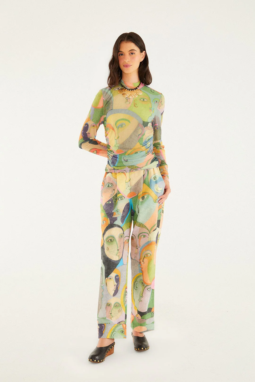 Crowded Series Drawing Long Sleeve Tulle Blouse - Image 2