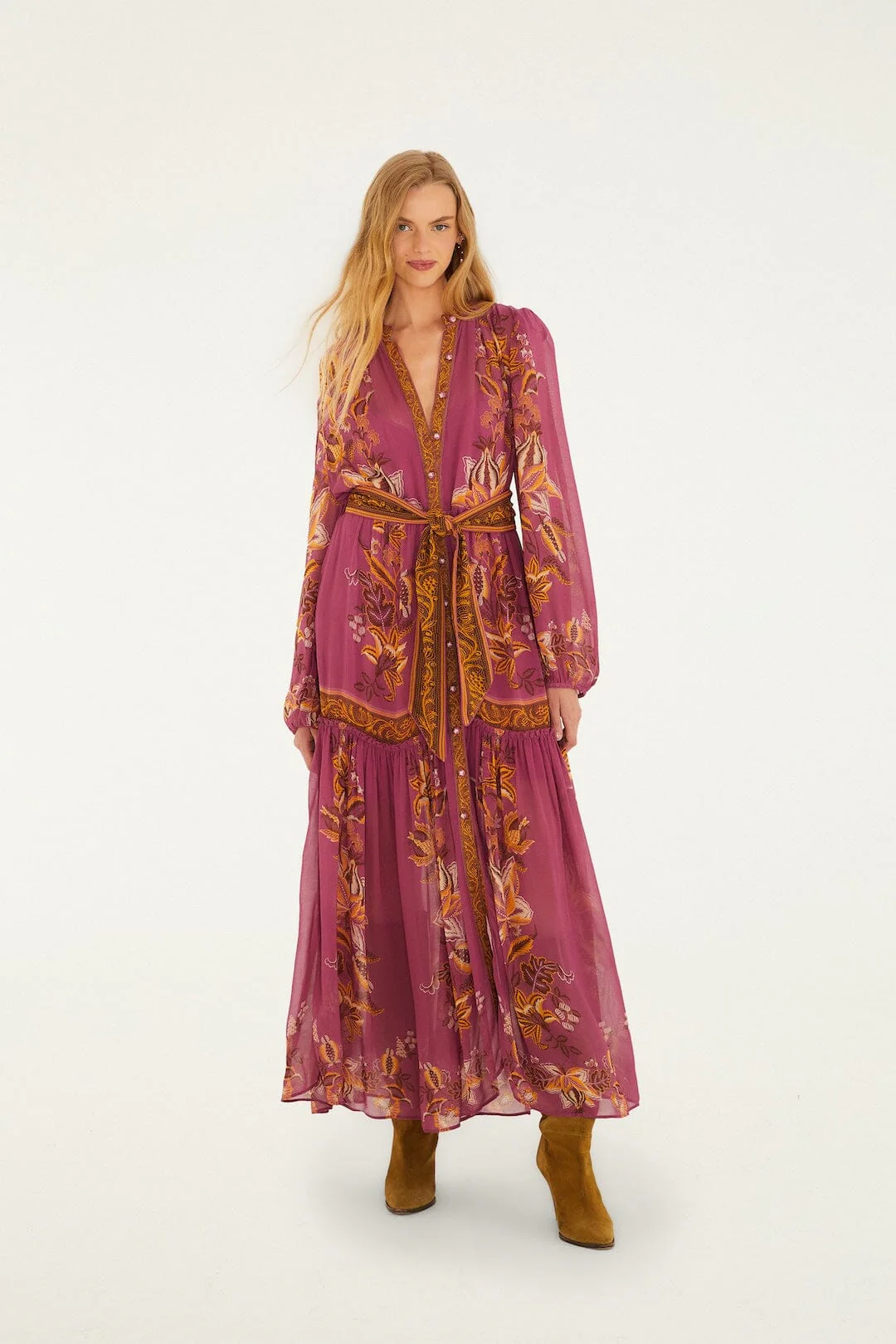 Pink Delicate Chintz Puff Sleeve Belted Maxi Dress