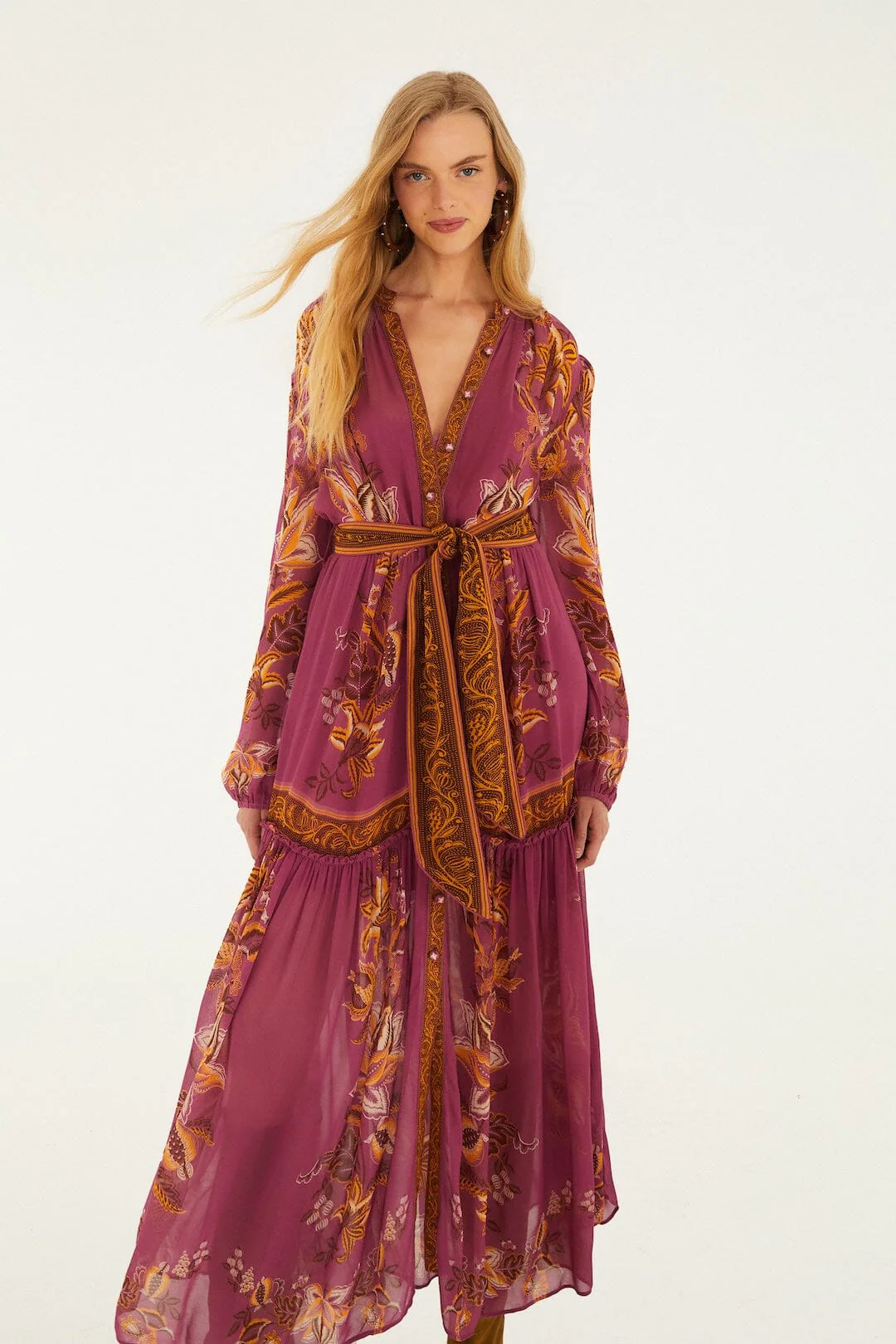 Pink Delicate Chintz Puff Sleeve Belted Maxi Dress - Image 4