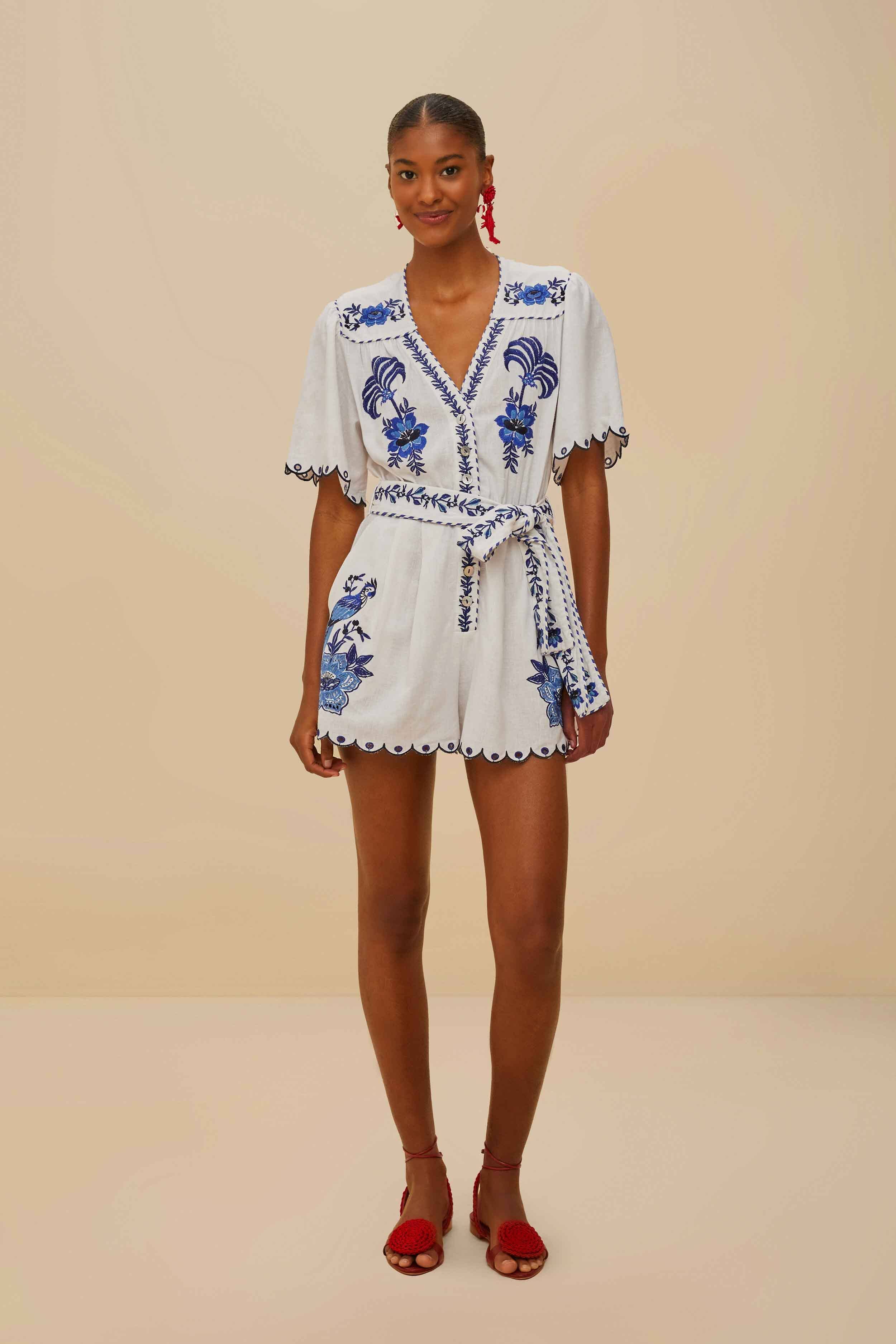 Blue Delicate Forest Richelieu Embroidered LENZING™ ECOVERO™ Euroflax™ Romper - Image 2