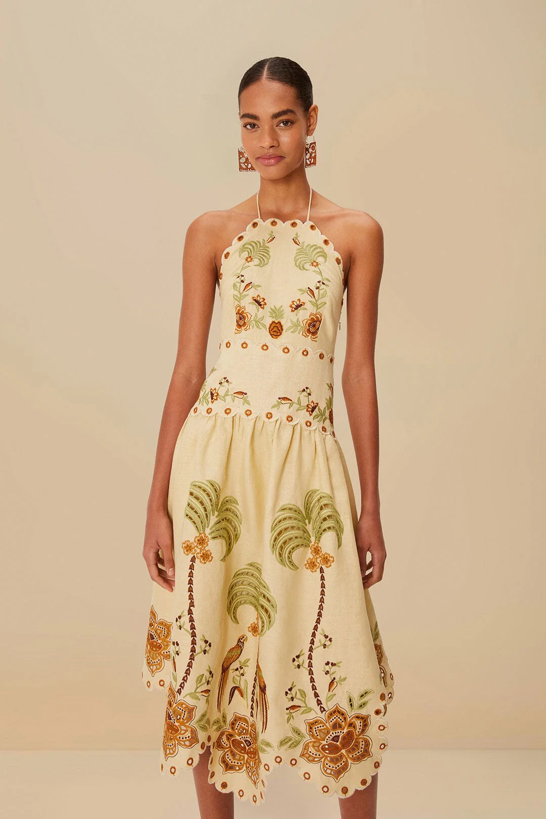 Sand Delicate Forest Richelieu Embroidered Euroflax™ Premium Linen Midi Dress