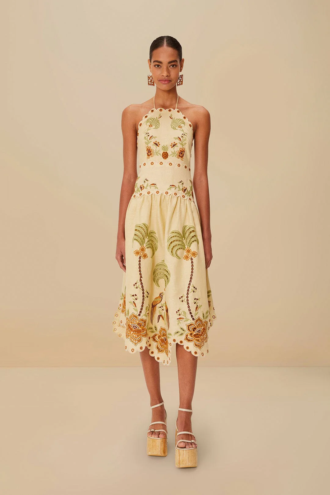 Sand Delicate Forest Richelieu Embroidered Euroflax™ Premium Linen Midi Dress - Image 2