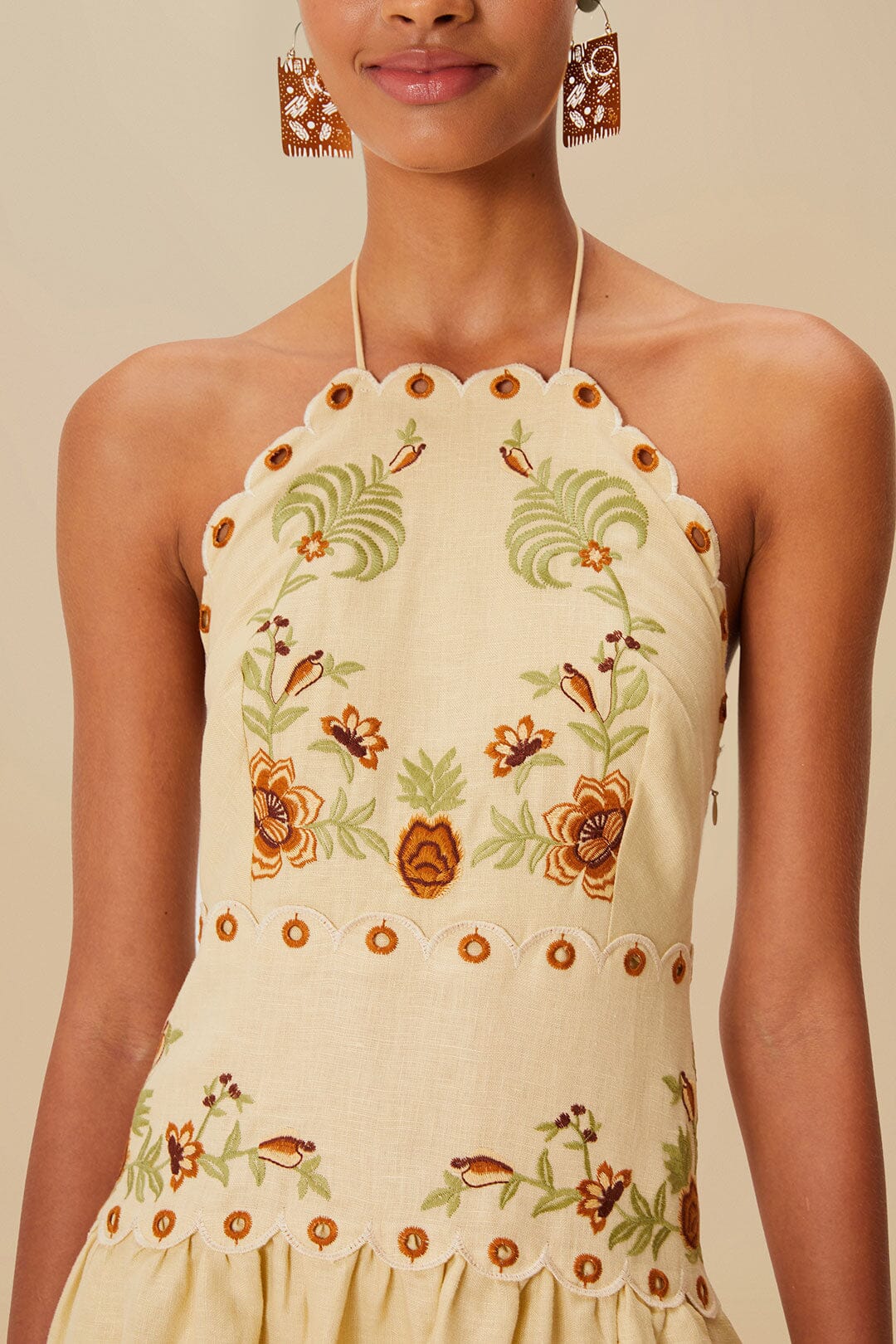 Sand Delicate Forest Richelieu Embroidered Euroflax™ Premium Linen Midi Dress - Image 3
