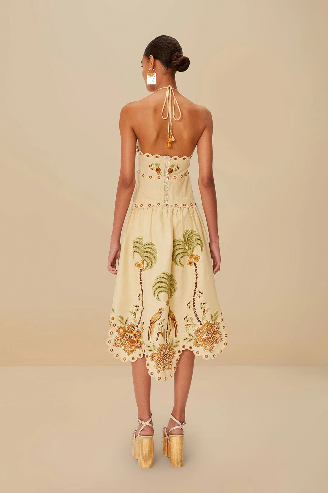 Sand Delicate Forest Richelieu Embroidered Euroflax™ Premium Linen Midi Dress - Image 4