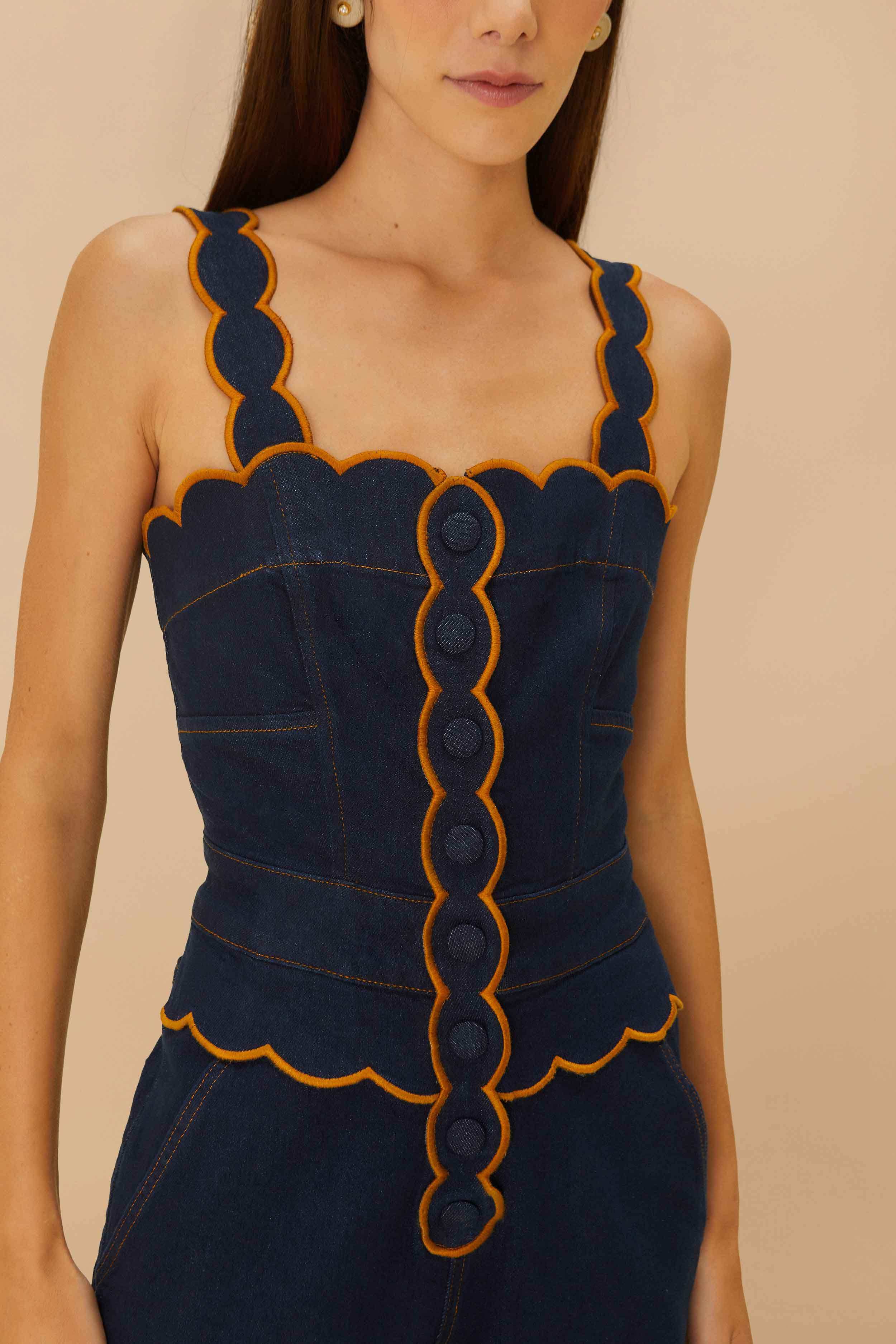 Dark Denim Wavy Trim Jumpsuit - Image 3