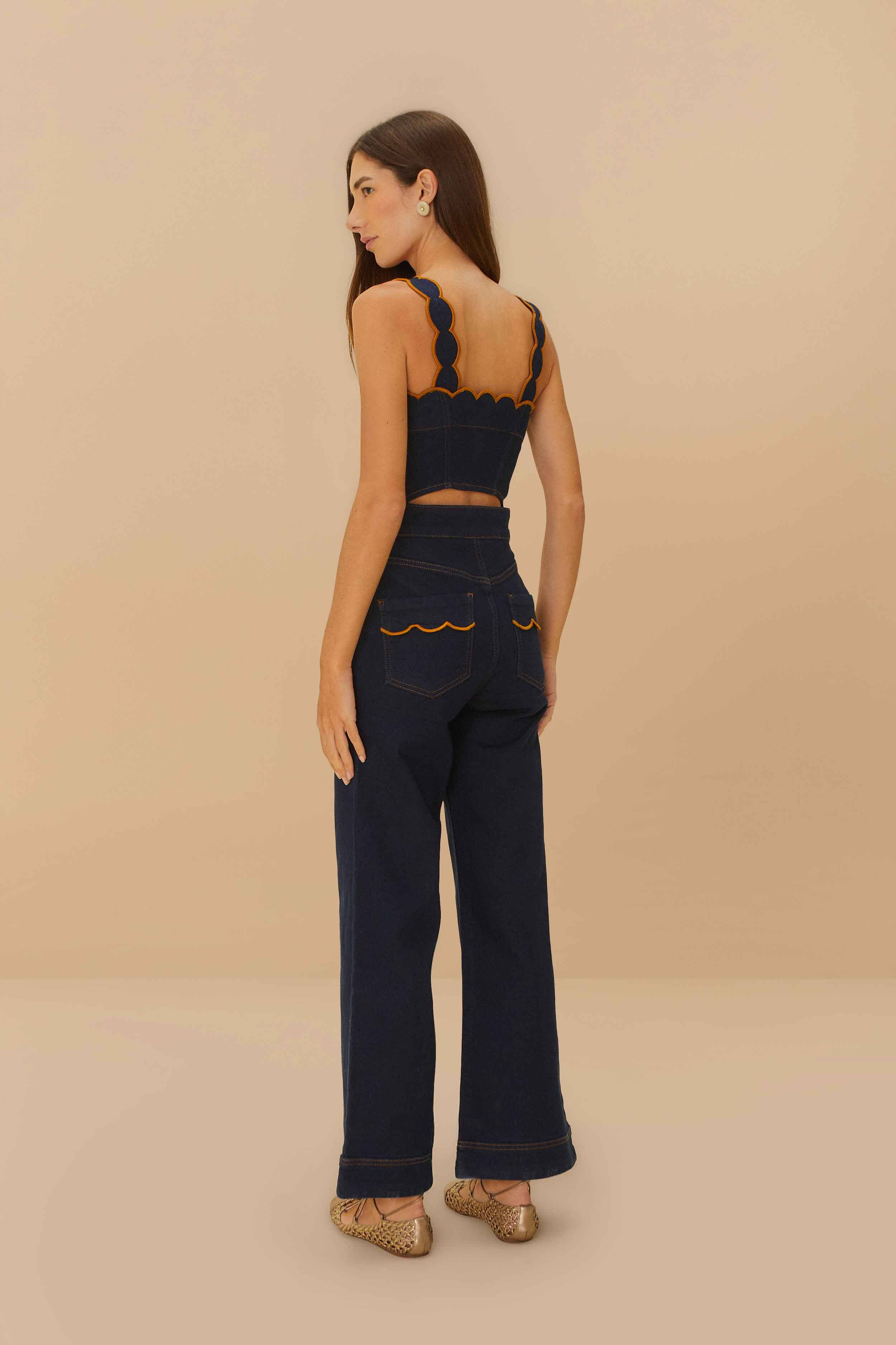 Dark Denim Wavy Trim Jumpsuit - Image 4