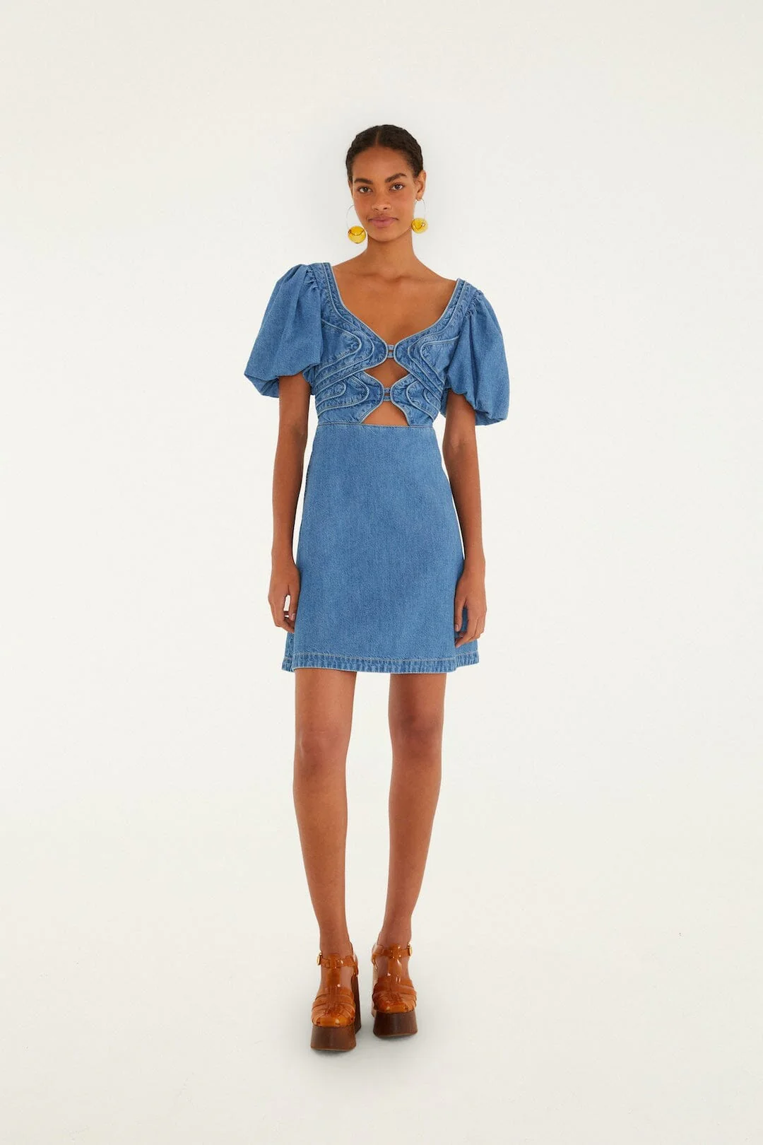 Denim Wavy Cut-Out Puff Sleeve Mini Dress - Image 2