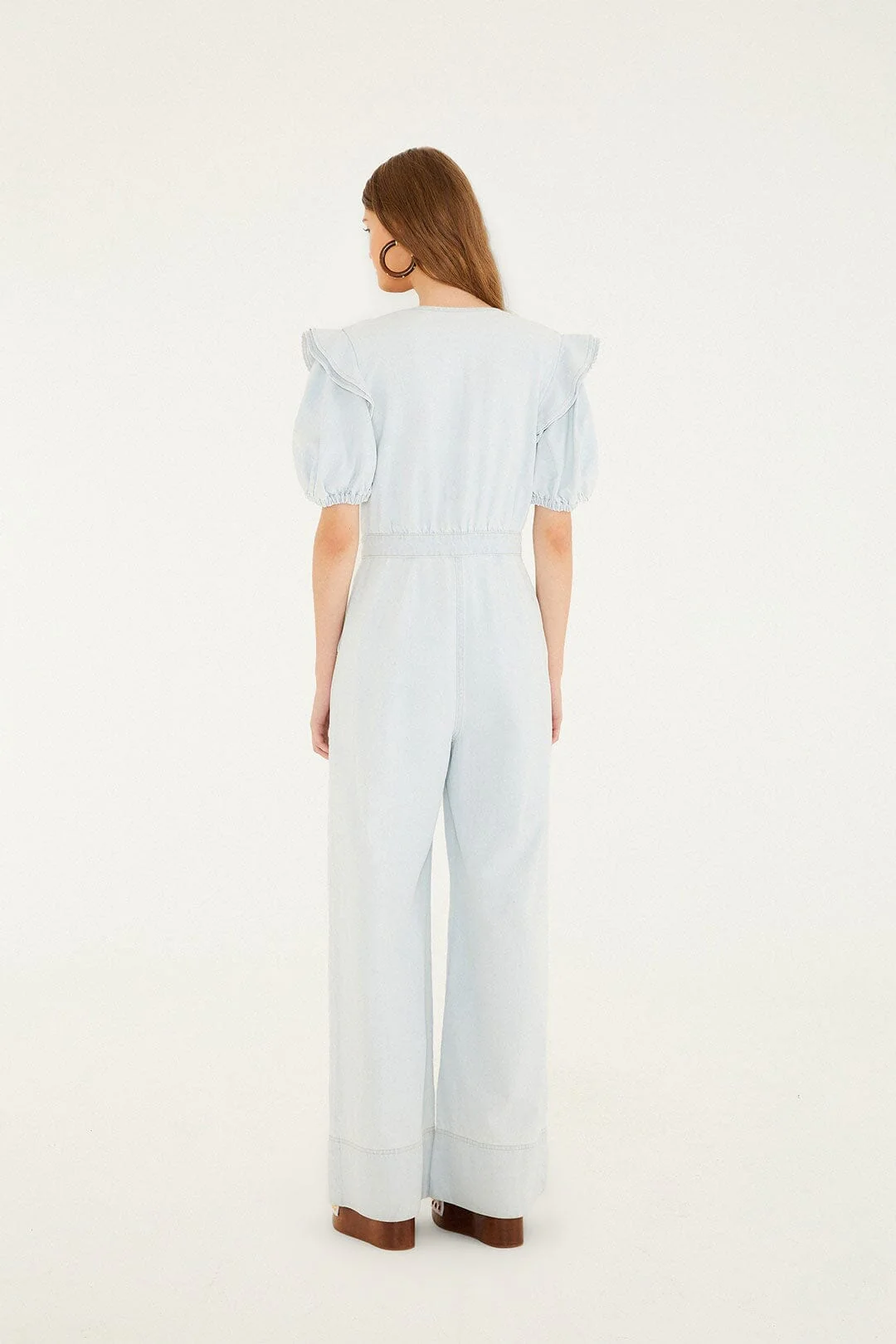 Denim V Neck Pleated Ruffled Jumpsuit - Image 3