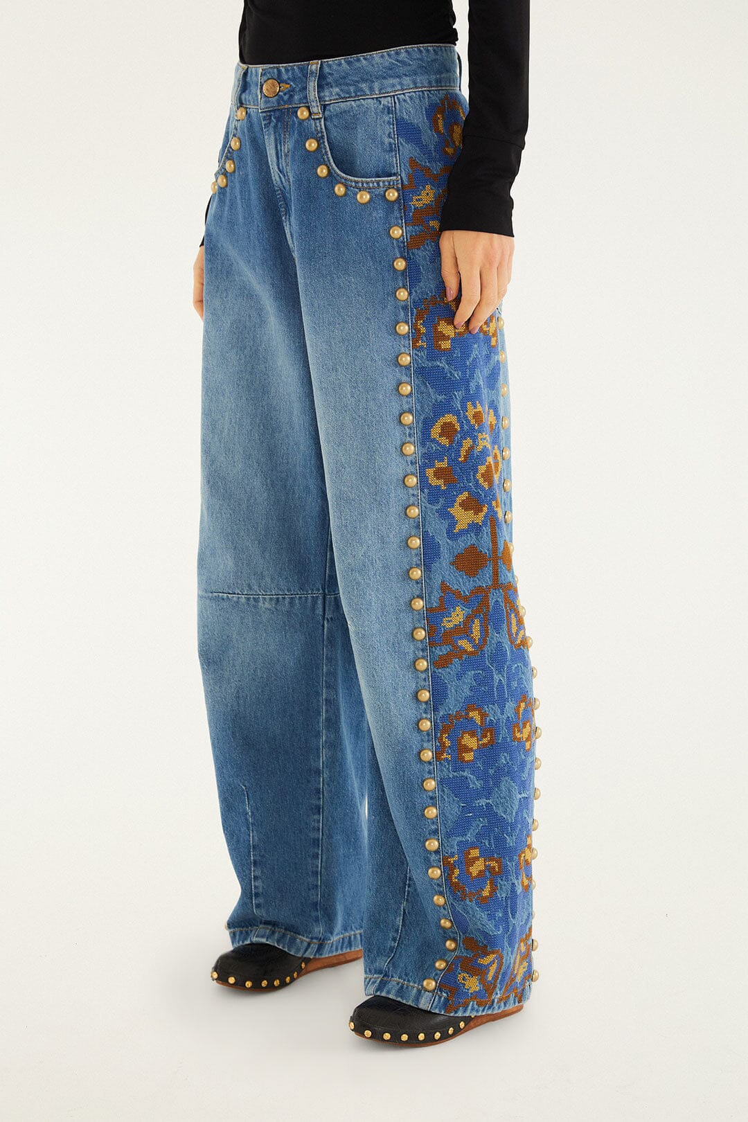 Denim Metal Details Embroidered High Waist Pants - Image 2