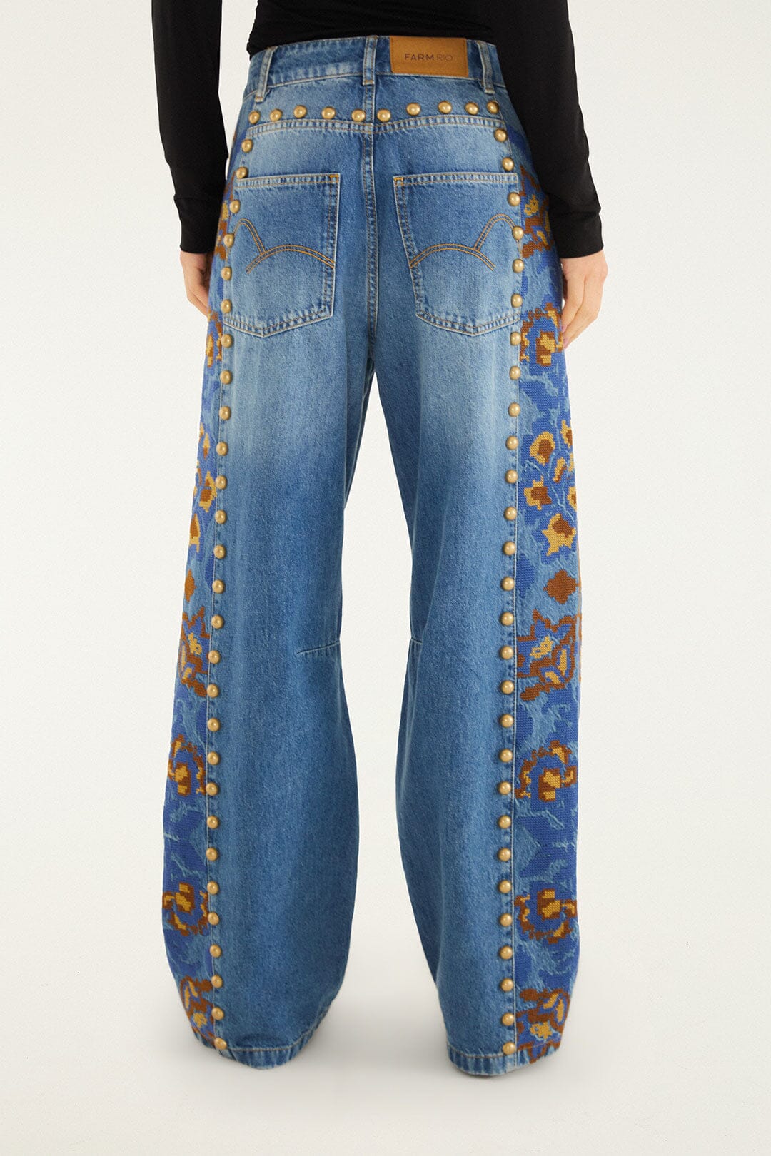 Denim Metal Details Embroidered High Waist Pants - Image 3