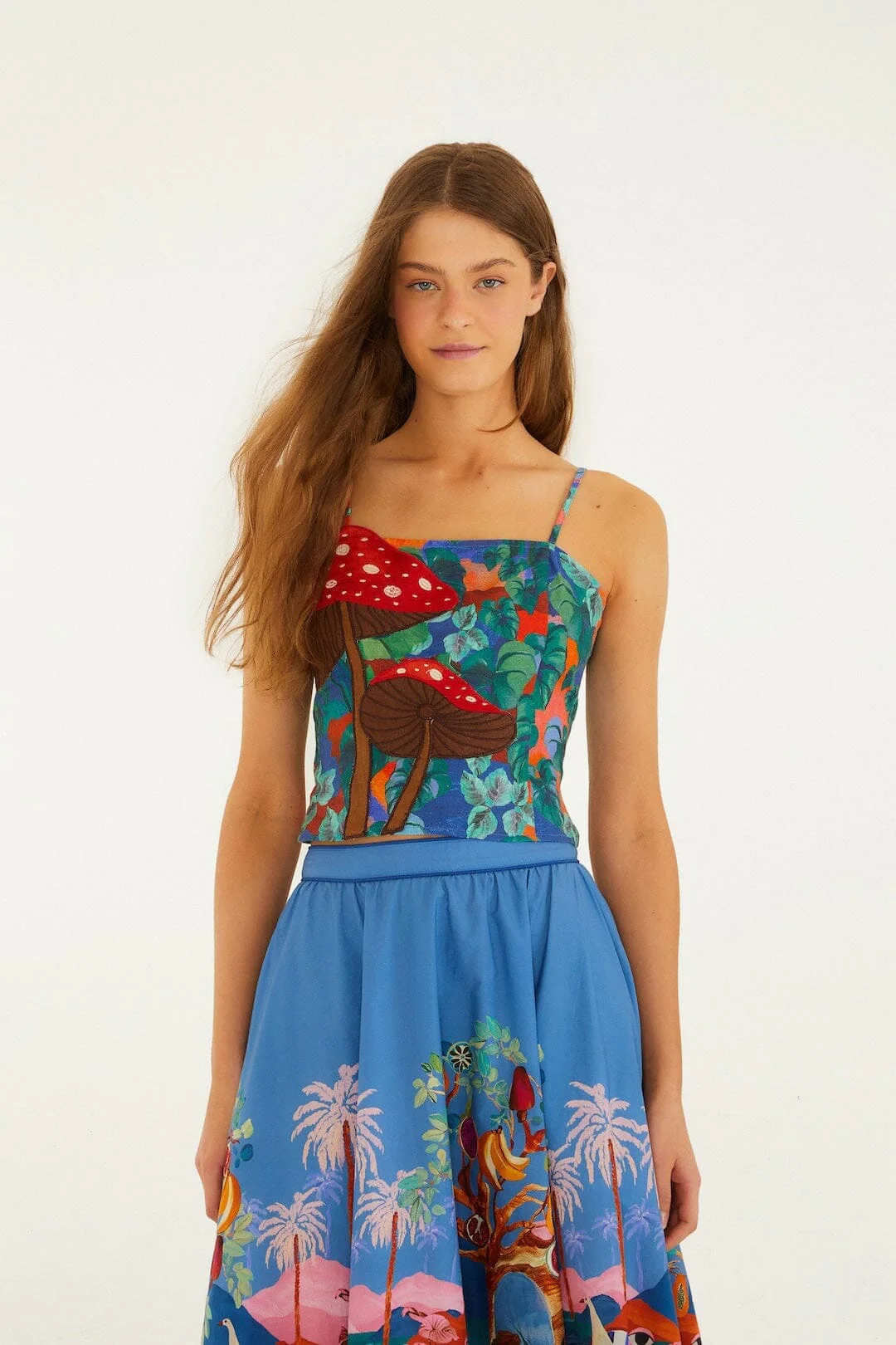 Mushroom Dream Landscape Embroidered Sleeveless Euroflax Premium Linen Top