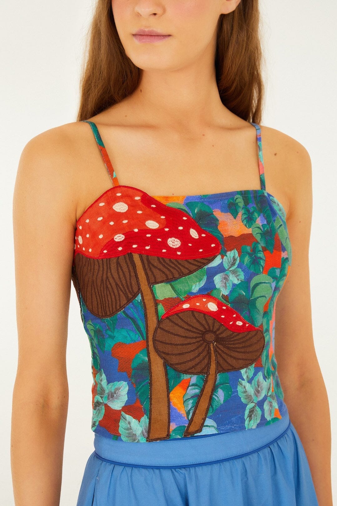 Mushroom Dream Landscape Embroidered Sleeveless Euroflax Premium Linen Top - Image 2