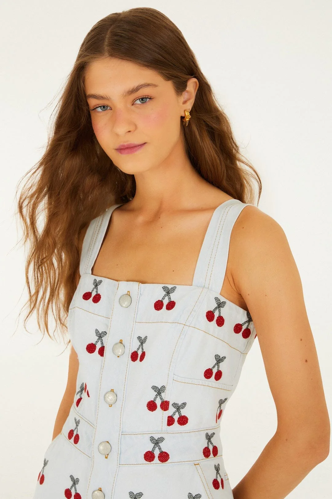 Embroidered Cherry Denim Romper - Image 2