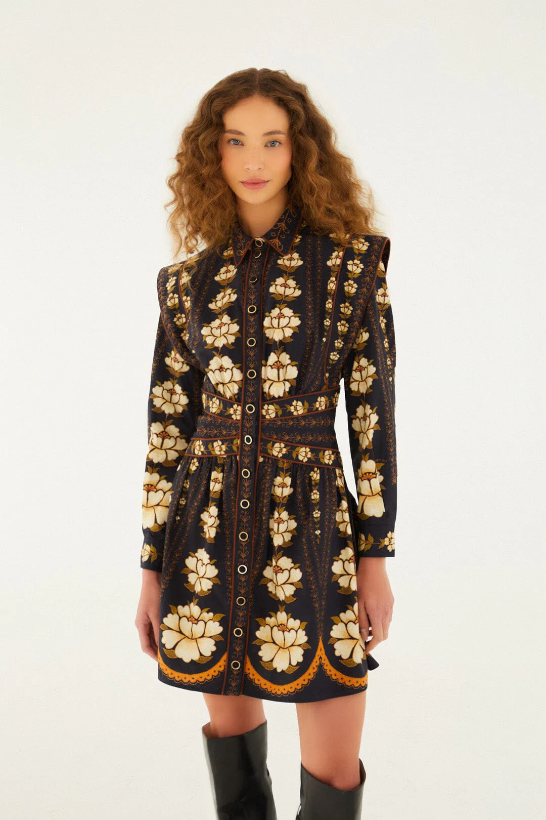 Black Bold Flowers Long Sleeve Organic Cotton Mini Dress