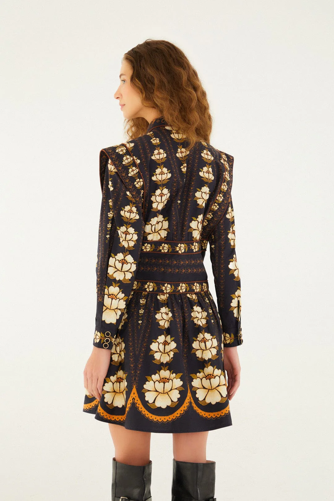 Black Bold Flowers Long Sleeve Organic Cotton Mini Dress - Image 4