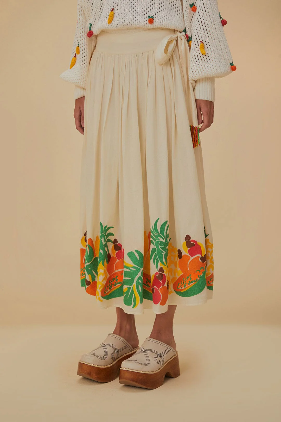 Embroidered Fruits Side Bow Midi Skirt - Image 4
