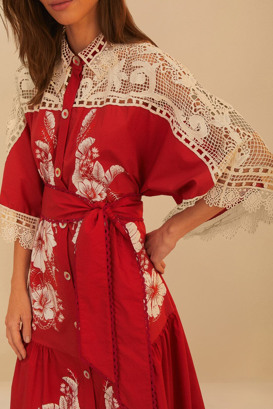 Red Floral Chains Guipure Midi Dress - Image 3