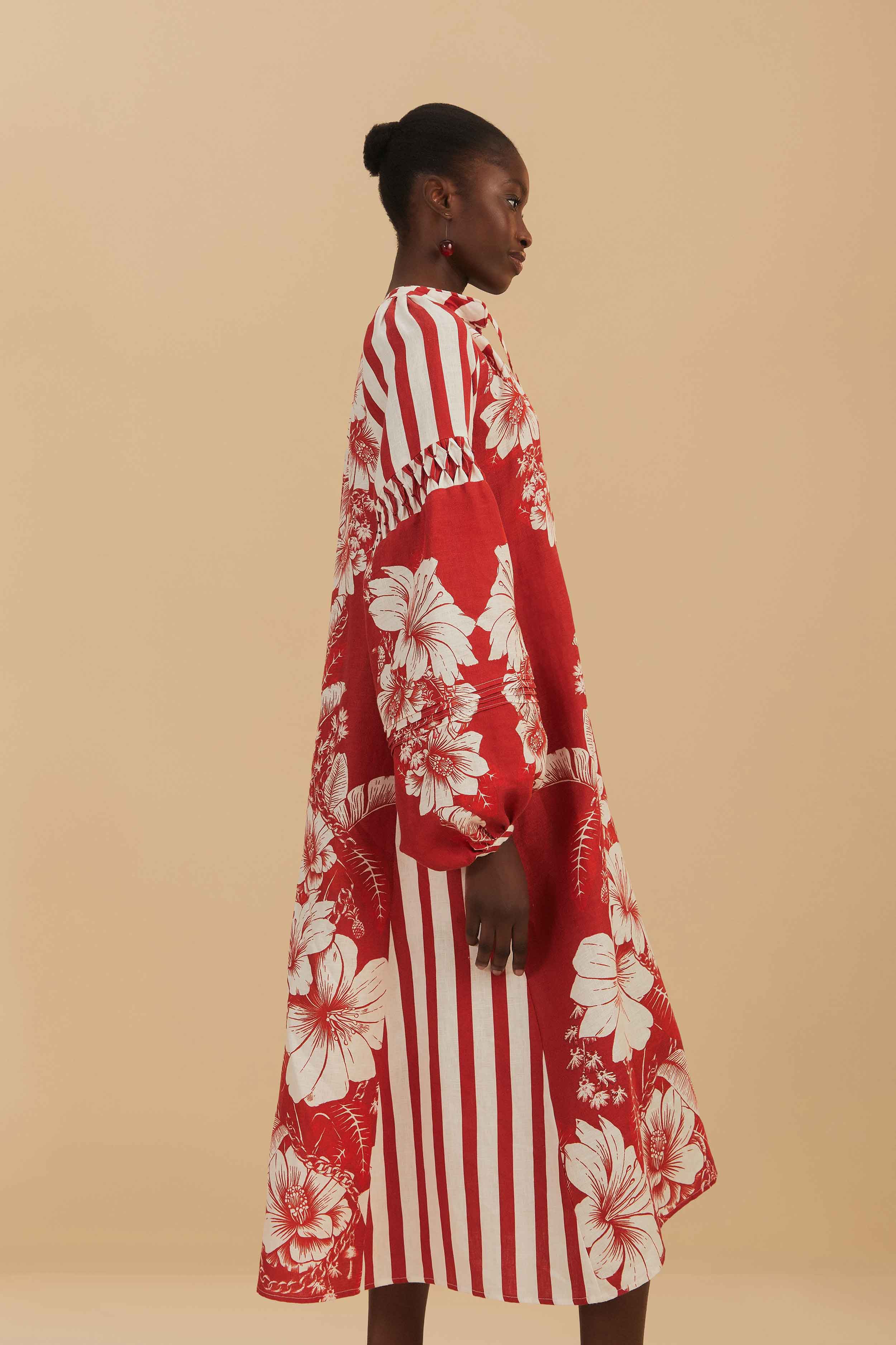 Red Floral Chains Stripes Midi Dress - Image 3