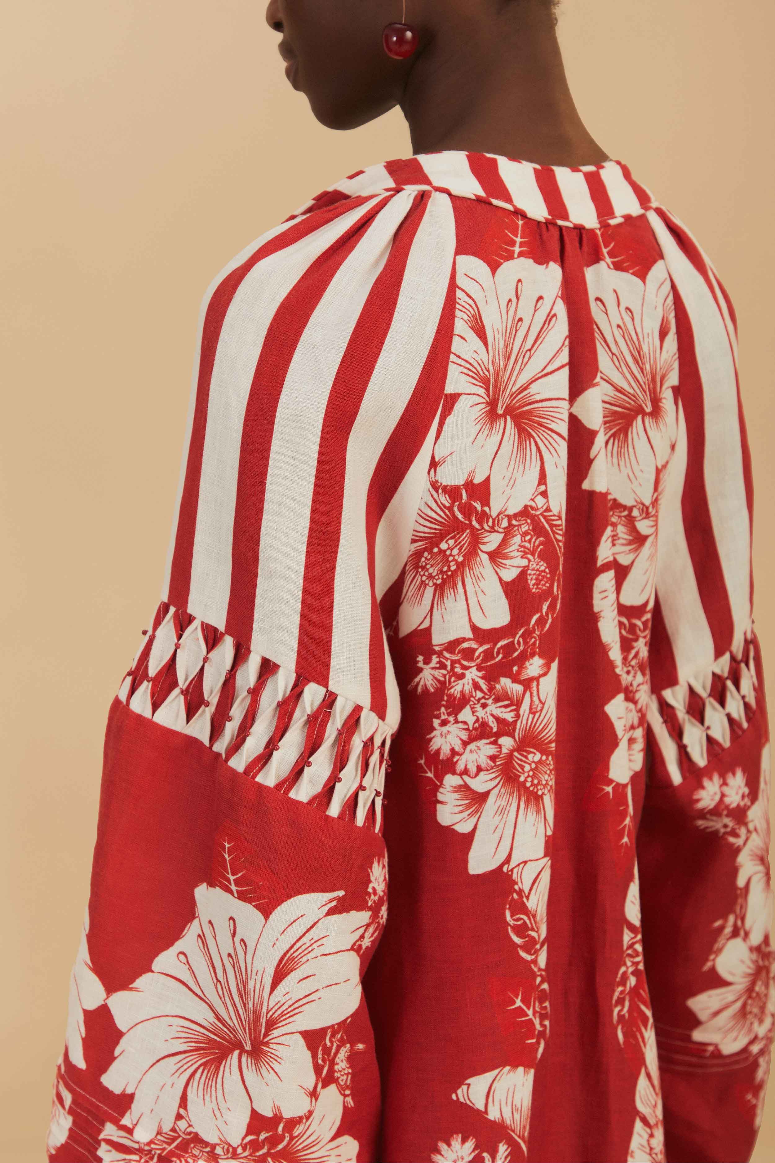 Red Floral Chains Stripes Midi Dress - Image 4