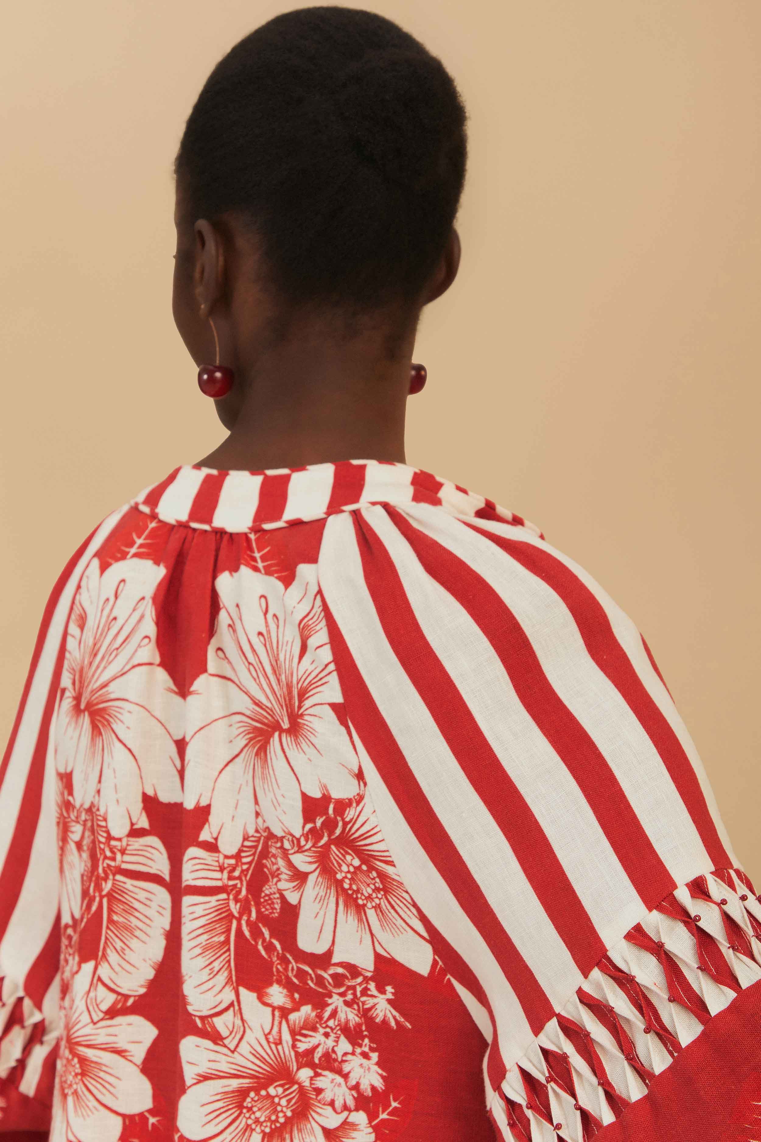 Red Floral Chains Stripes Midi Dress - Image 5