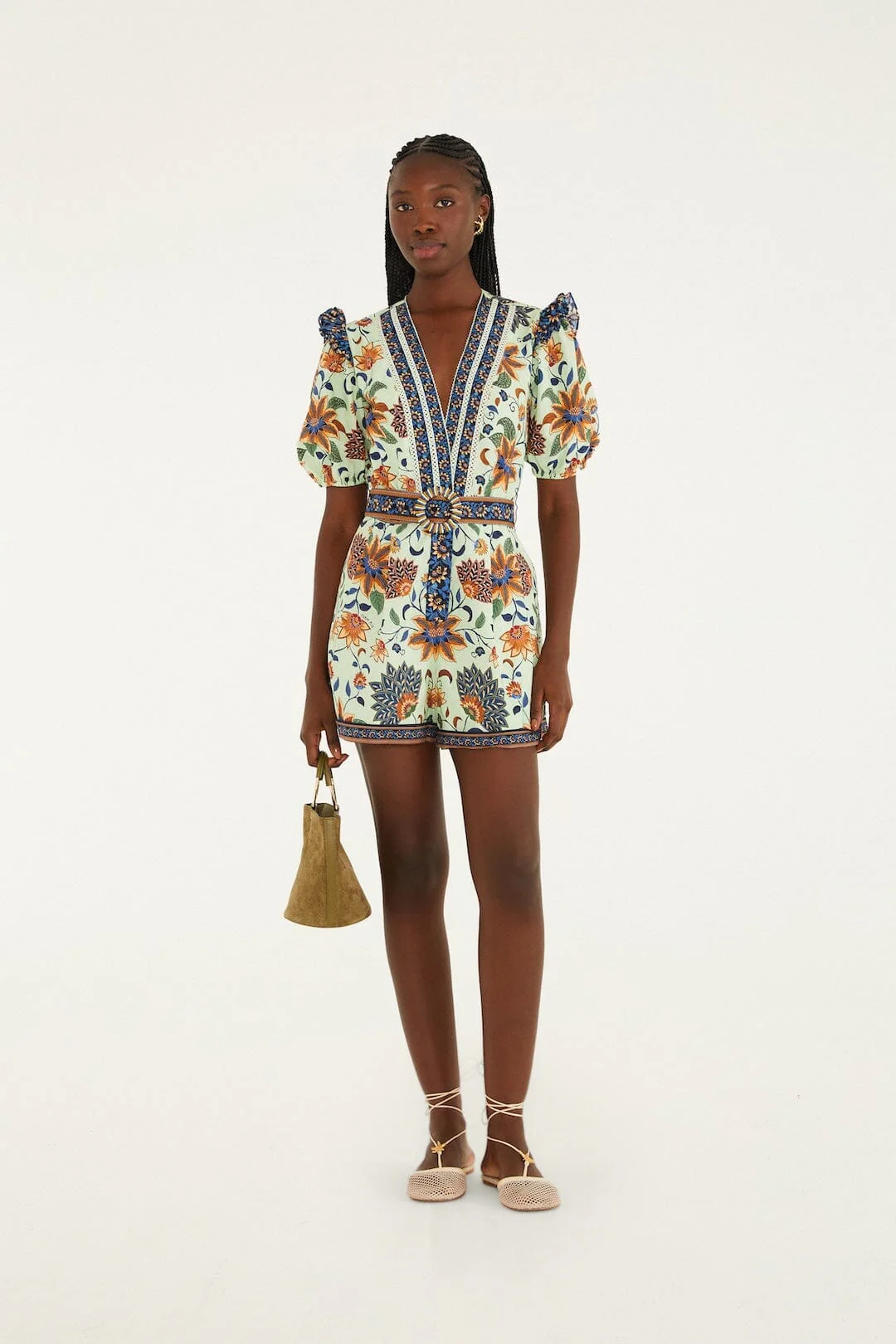 Light Green Floral Delhi Tapestry Belted Organic Cotton Romper