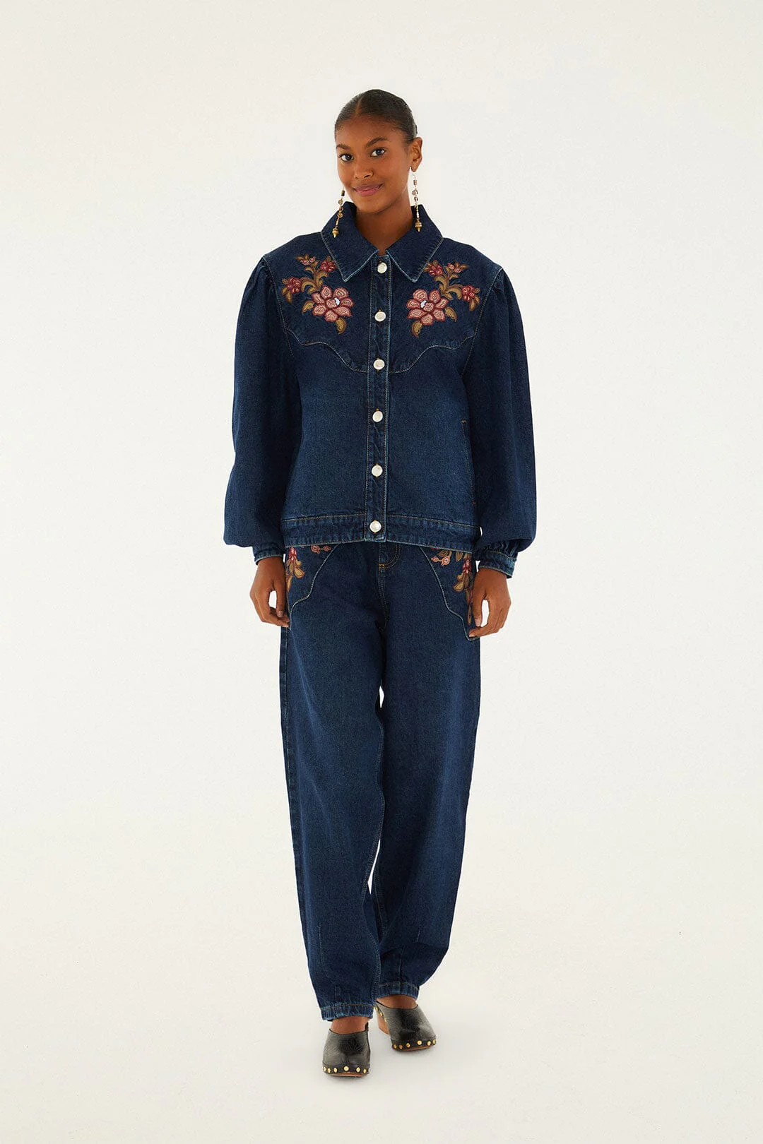 Denim Floral Embroidery Pants